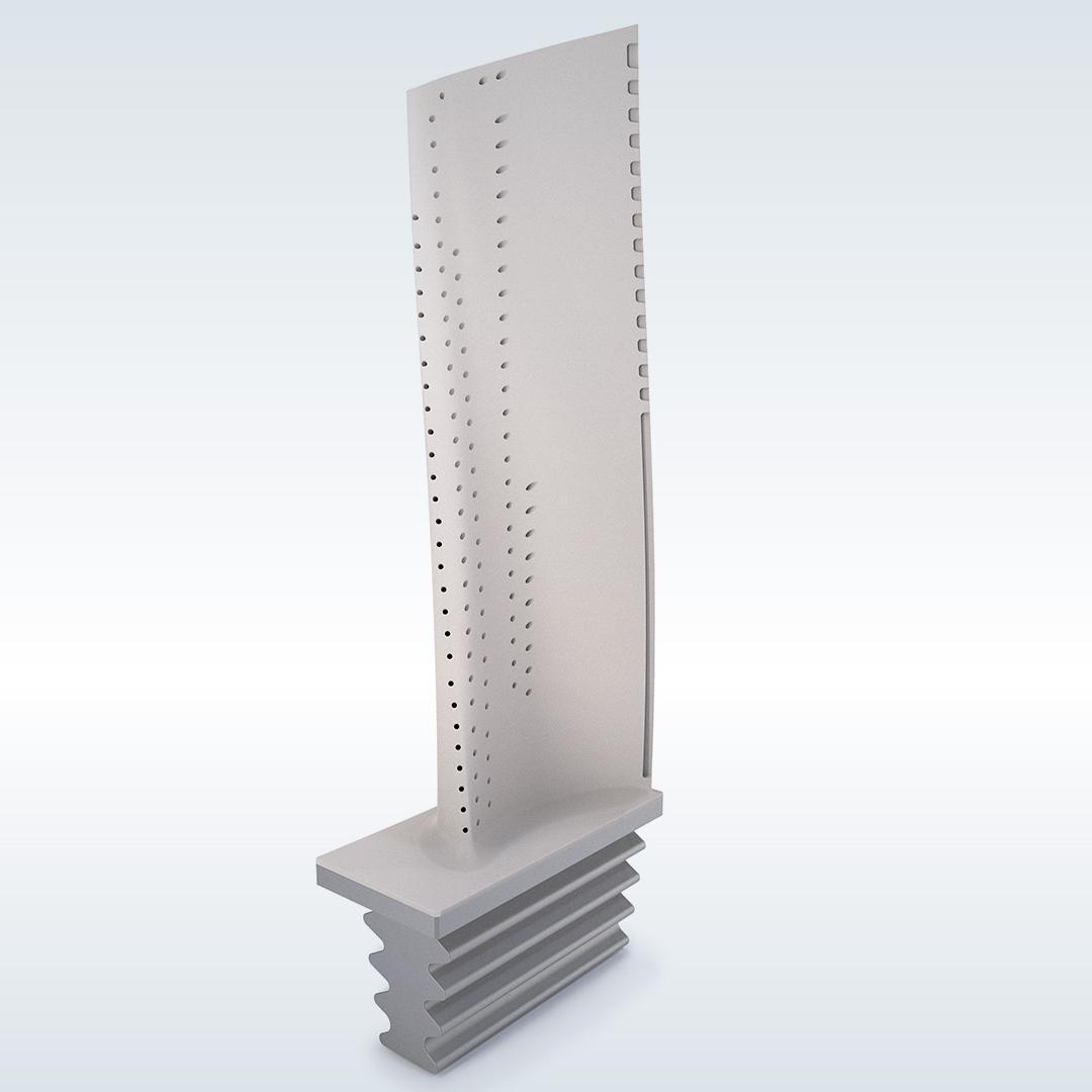 The image depicts a blade with cooling holes, designed to guide airflow and create a protective layer during operation.