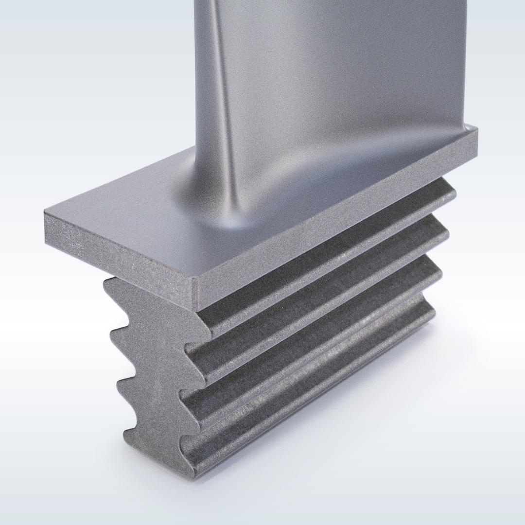 The picture shows the precision machined turbine blade root with tight tolerances for optimum performance and fit.