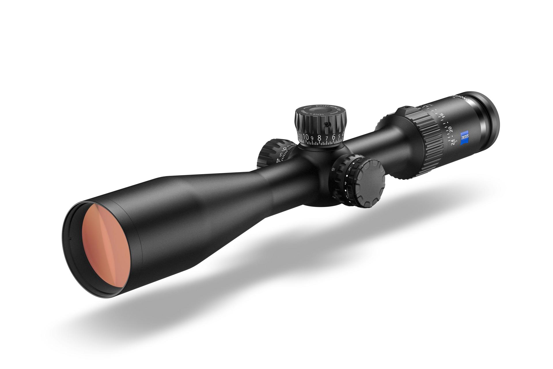 Black ZEISS riflescope with adjustable turrets and an orange-tinted objective lens displayed on a white background.
