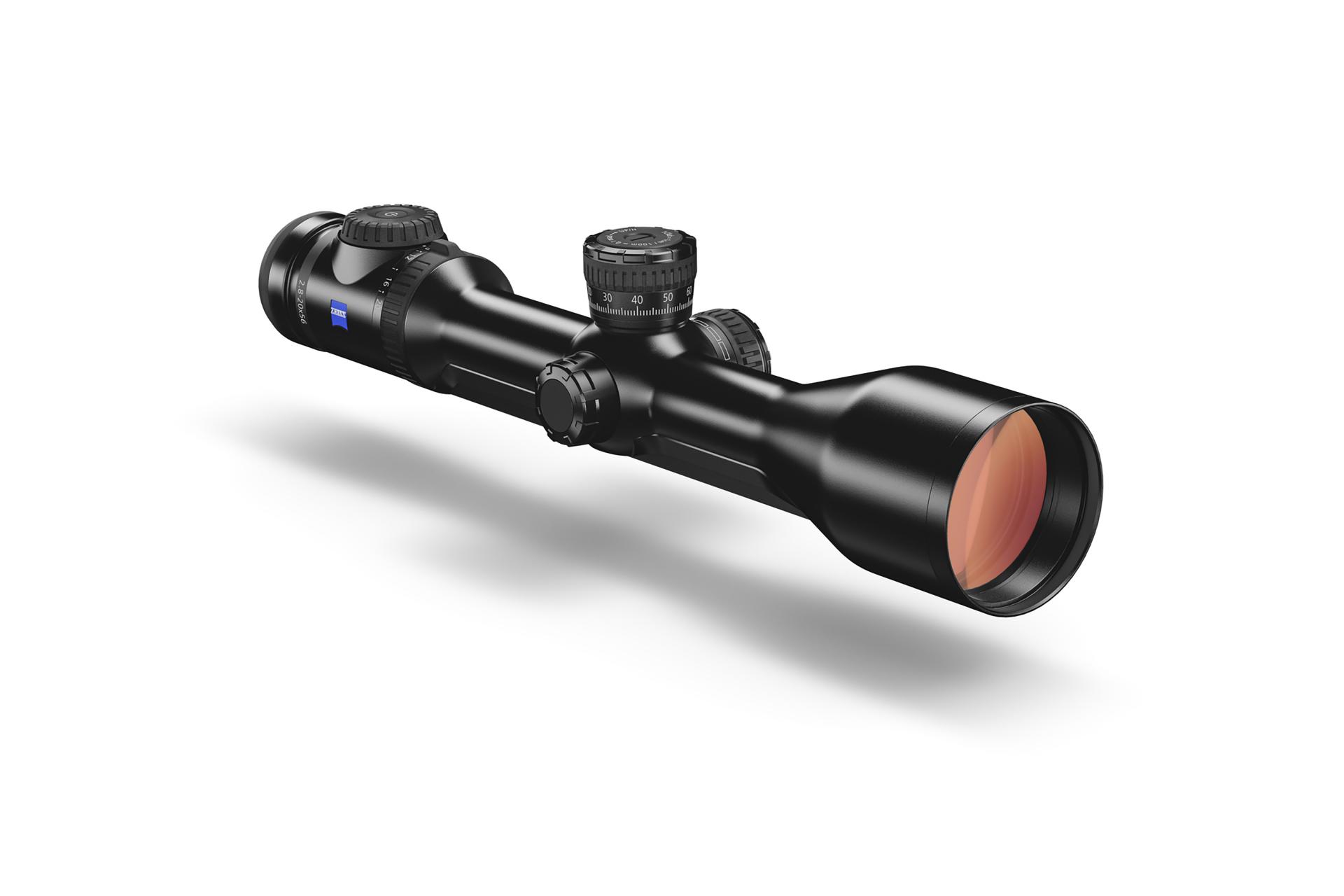 Black ZEISS riflescope with adjustment dials and a red-tinted objective lens, displayed on a white background.