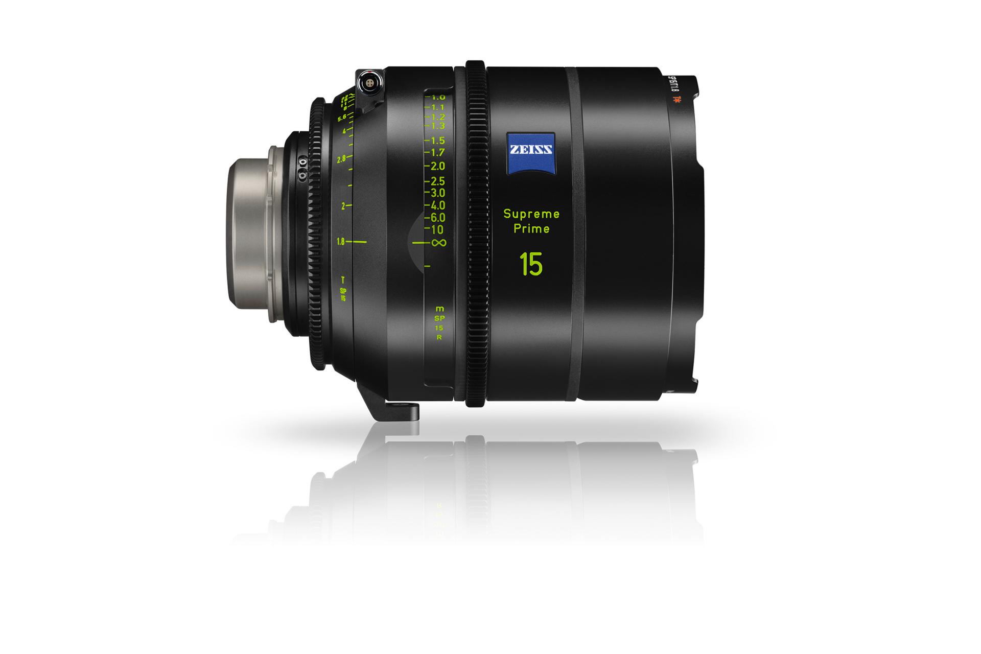 Side view of a ZEISS Supreme Prime 15mm cinema lens with detailed focus and aperture markings.