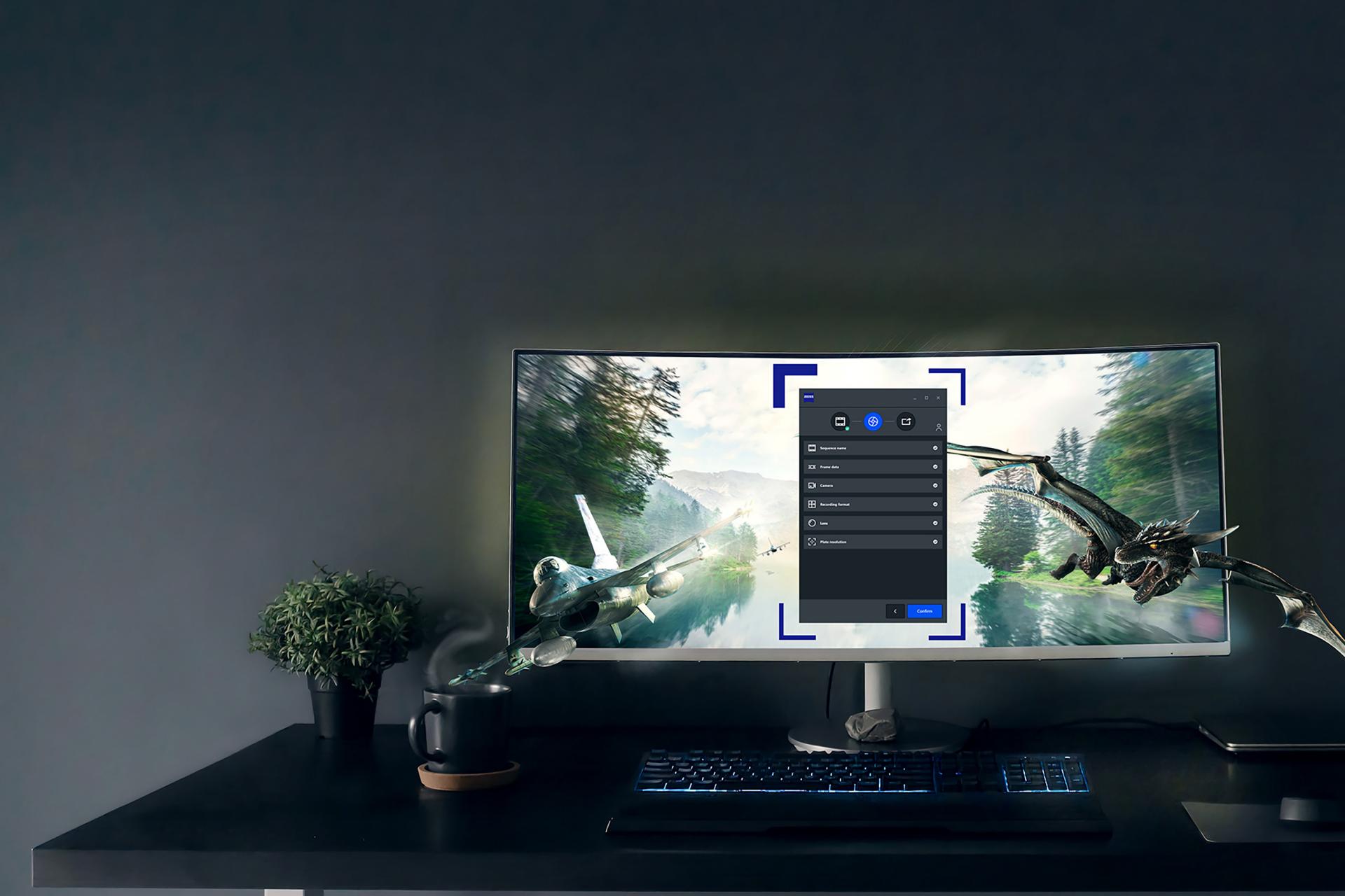 Ultra-wide monitor on a sleek black desk displaying a dynamic 3D flight scene with ZEISS software interface overlay.