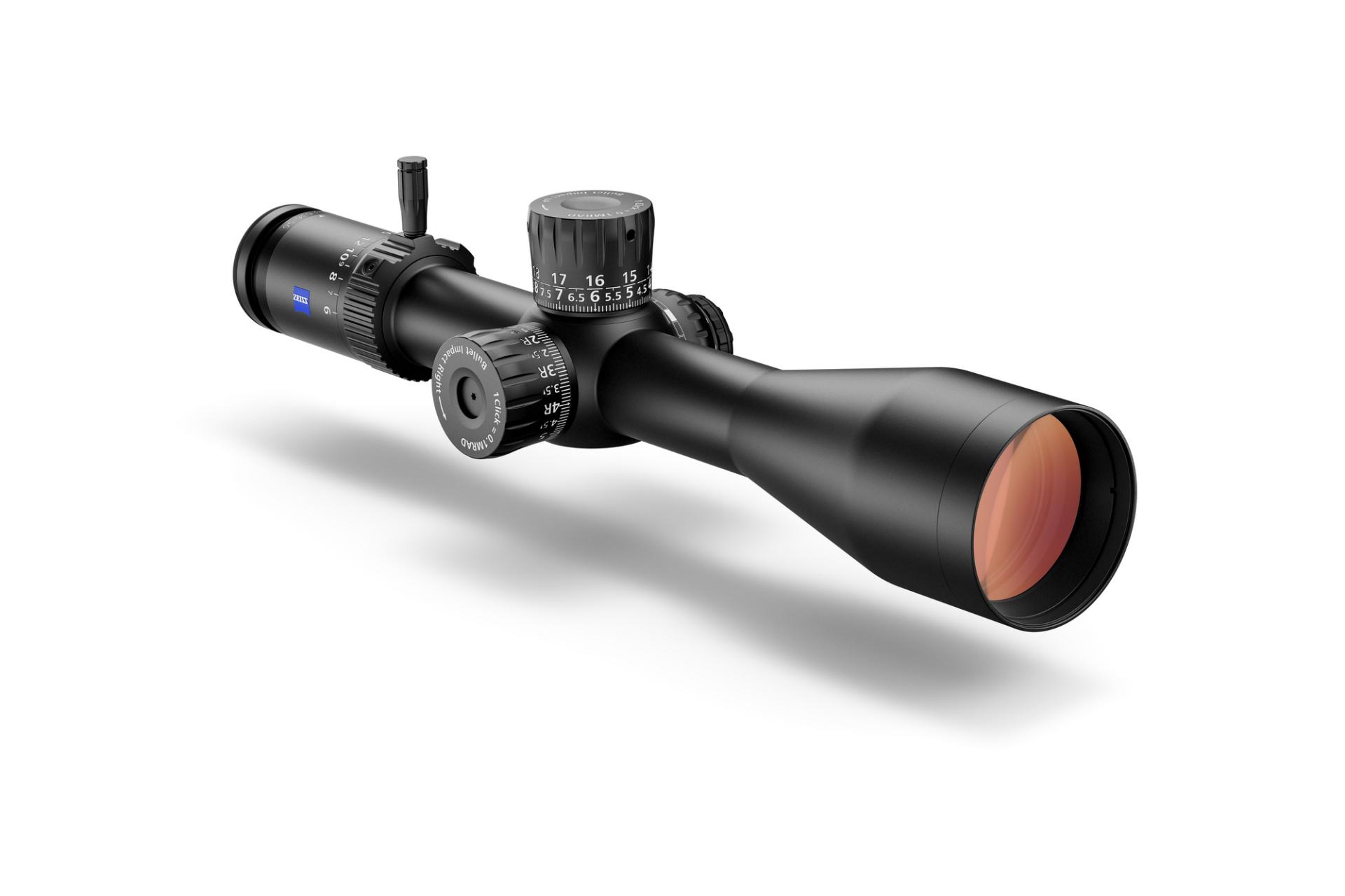 High-quality ZEISS riflescope featuring precision adjustment dials, a large objective lens with an orange-tinted coating, and a matte black finish.
