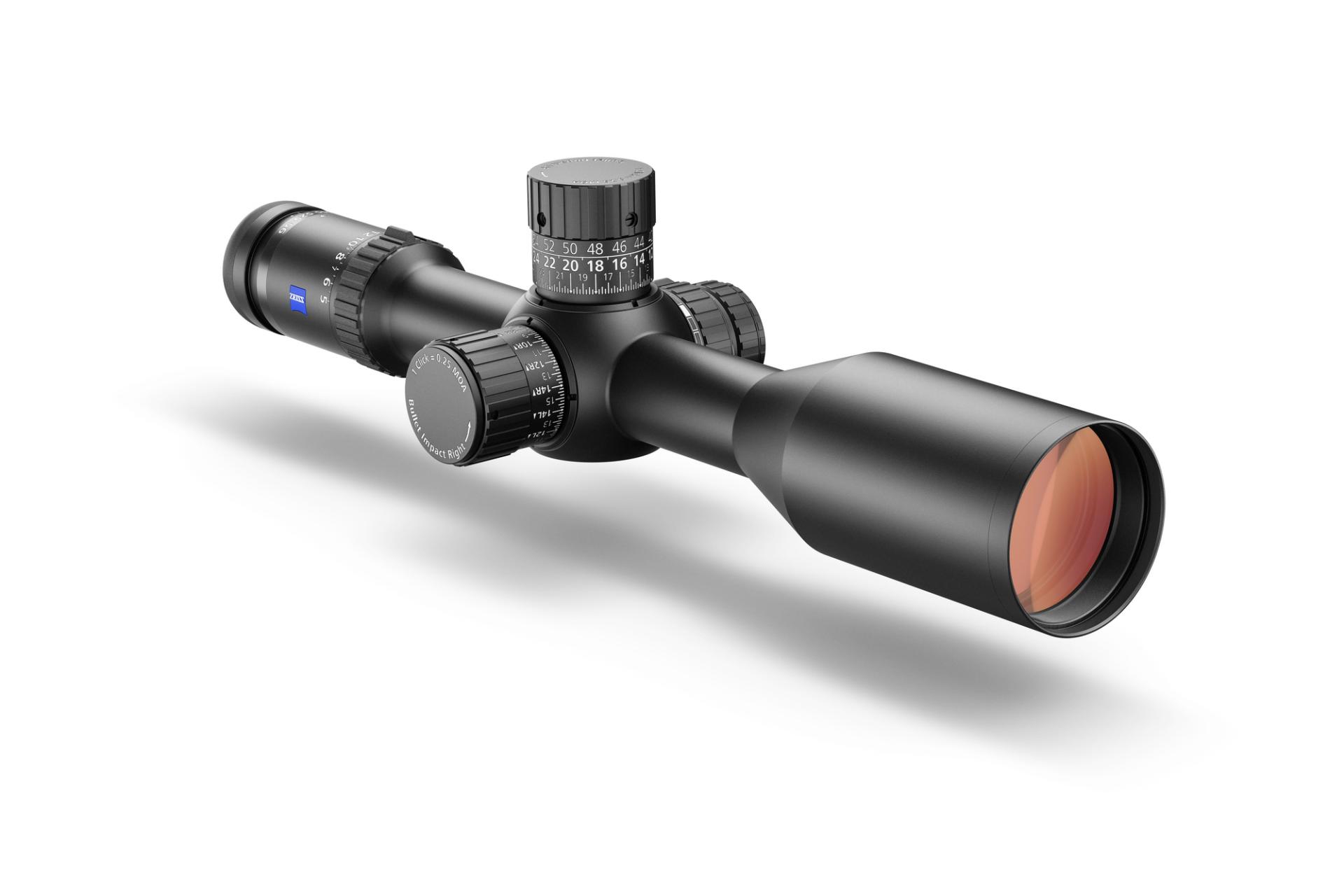 High-performance ZEISS riflescope with precision adjustment dials and a large objective lens, shown on a white background.