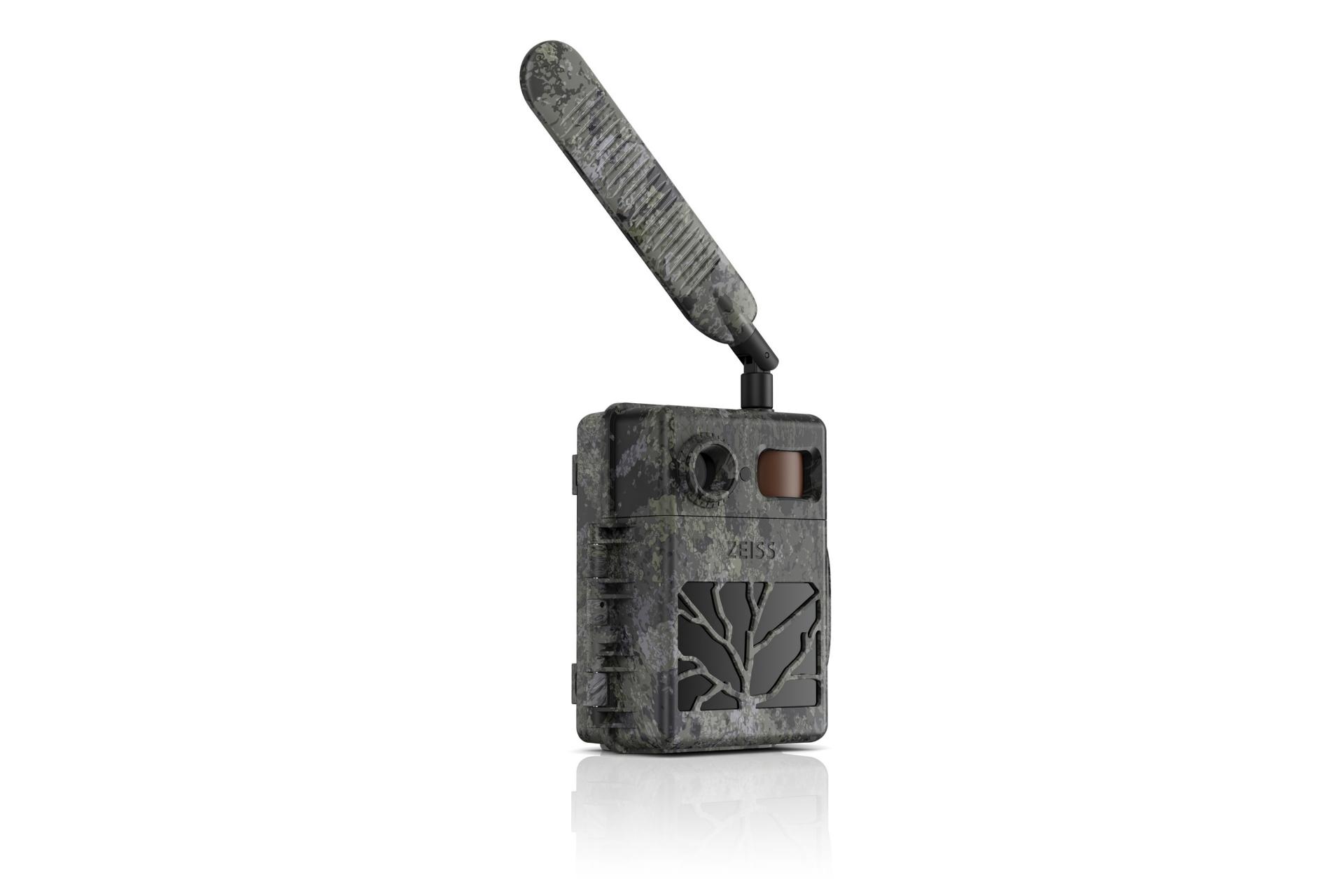Camouflaged ZEISS trail camera with a large antenna and front-facing lens, featuring a tree-branch pattern on the casing.