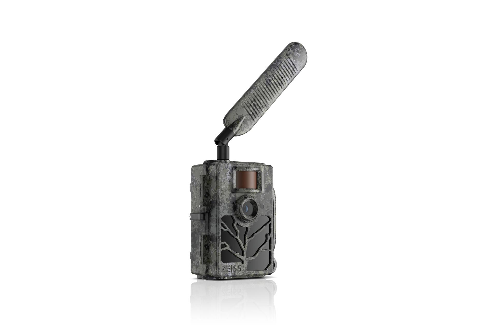 Camouflaged ZEISS trail camera with a large antenna, lens, and sensor on the front.
