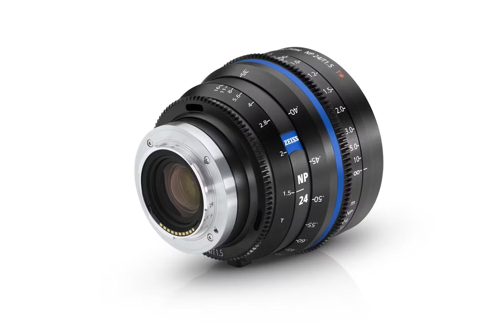 Professional cine lens from ZEISS featuring precise focus and aperture markings, a robust metal housing, and a blue accent ring.