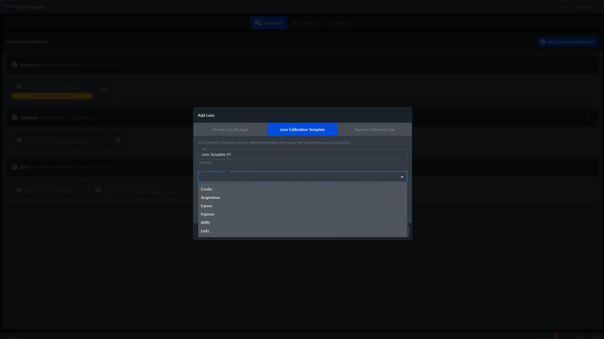 A dropdown menu shows a list of sample IDs including "Zeiss" within a central pop-up window labeled "Add Lens" on a ZEISS software interface.