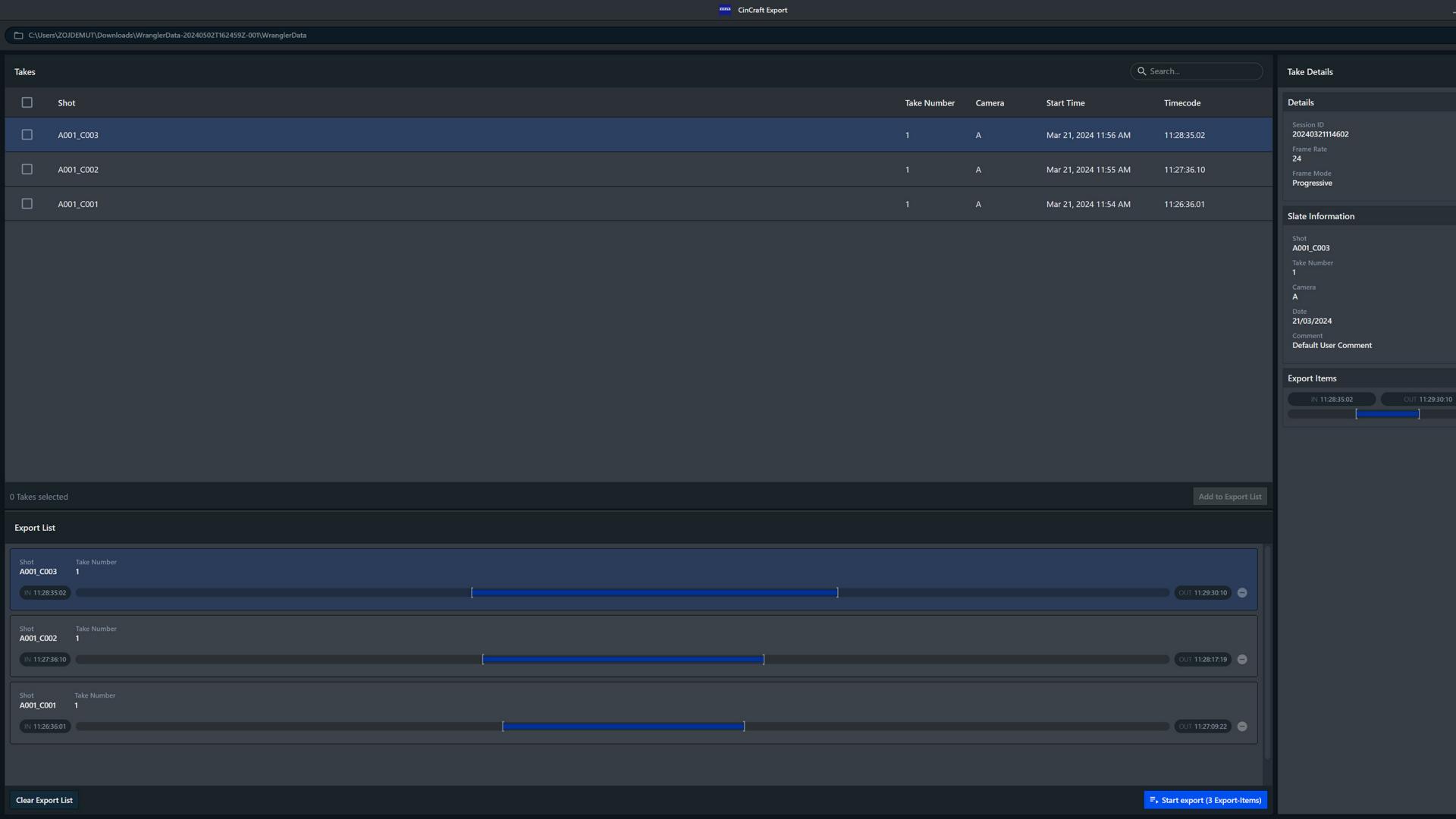 Screenshot of a ZEISS software interface displaying a project overview with file lists, status details, and export options in a dark-themed layout.