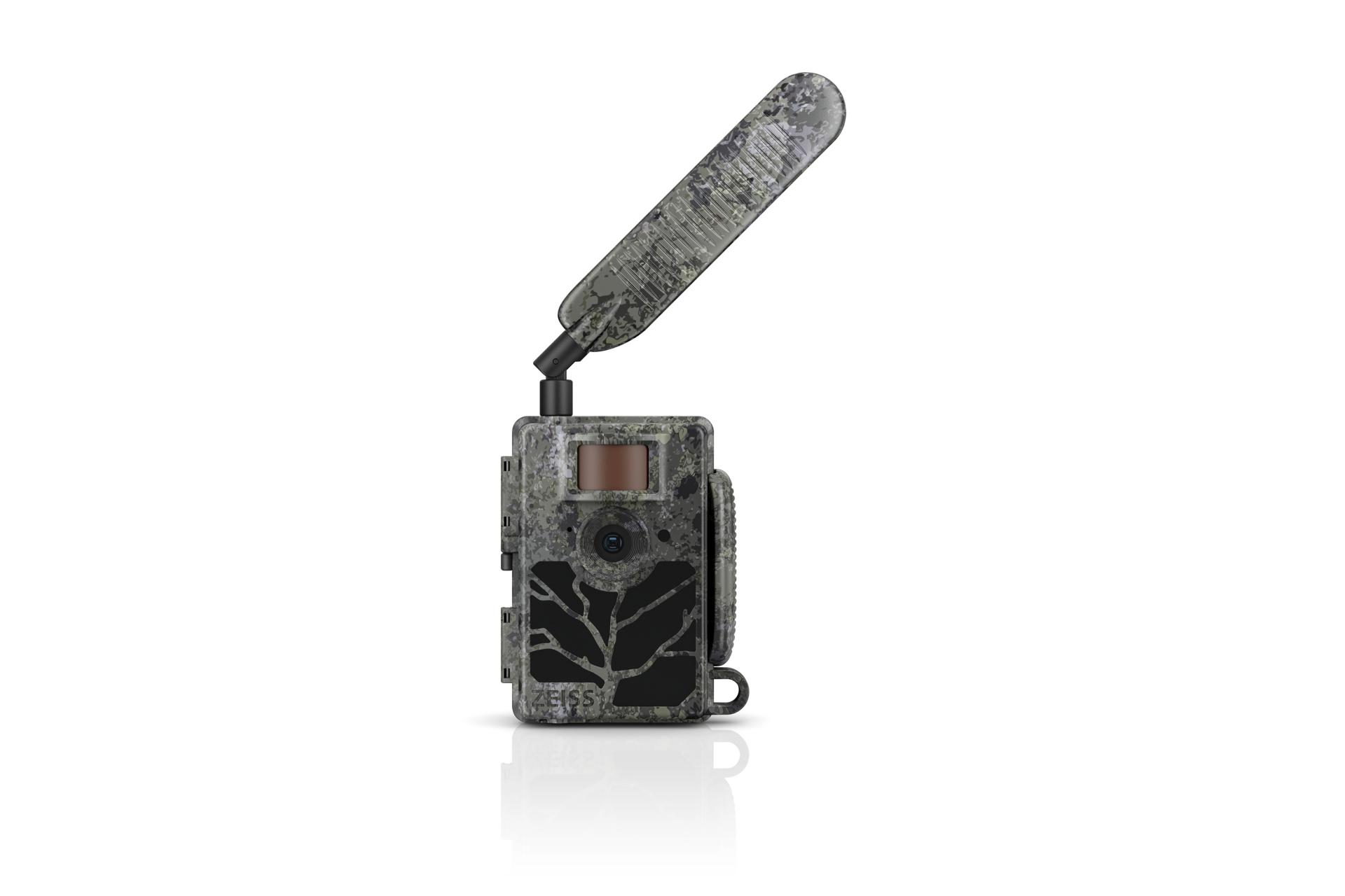 Camouflaged ZEISS trail camera with an extended antenna and visible lens on the front.