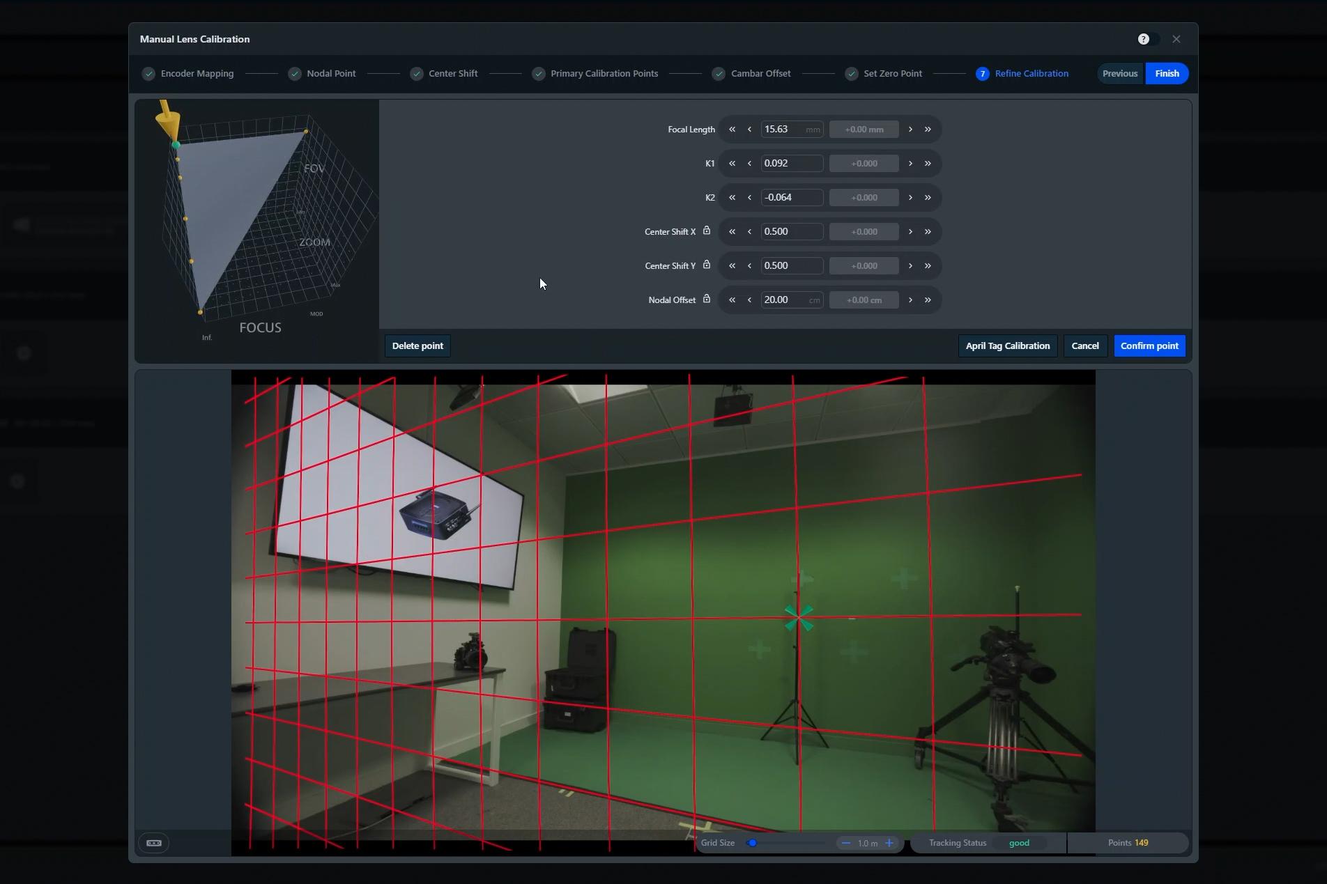 Camera calibration interface displaying a studio setup with lighting equipment, green screen, and a red calibration grid, shown on a ZEISS software platform.