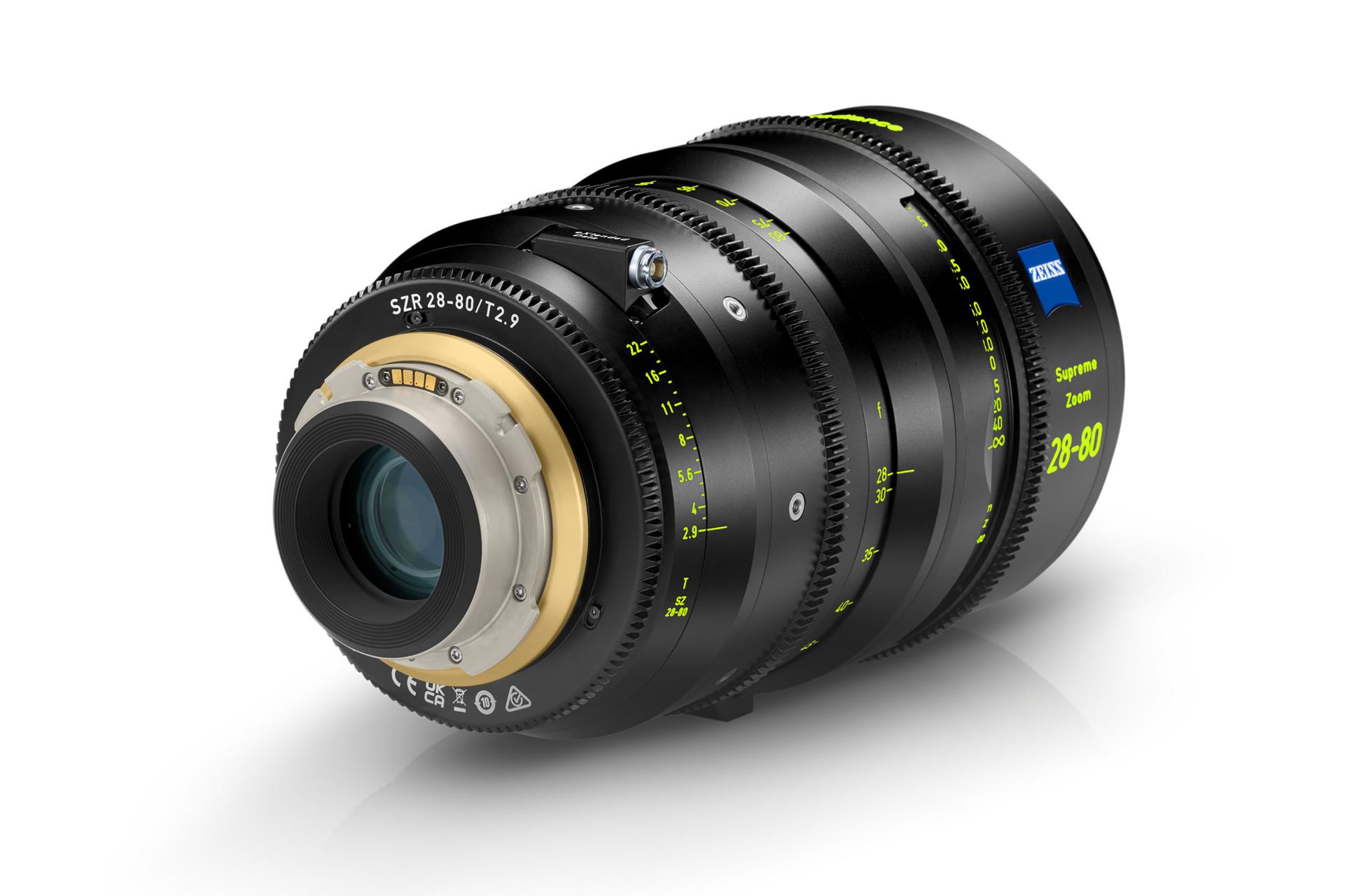 Professional cinema lens with detailed focus and aperture markings, featuring a ZEISS logo on the barrel.