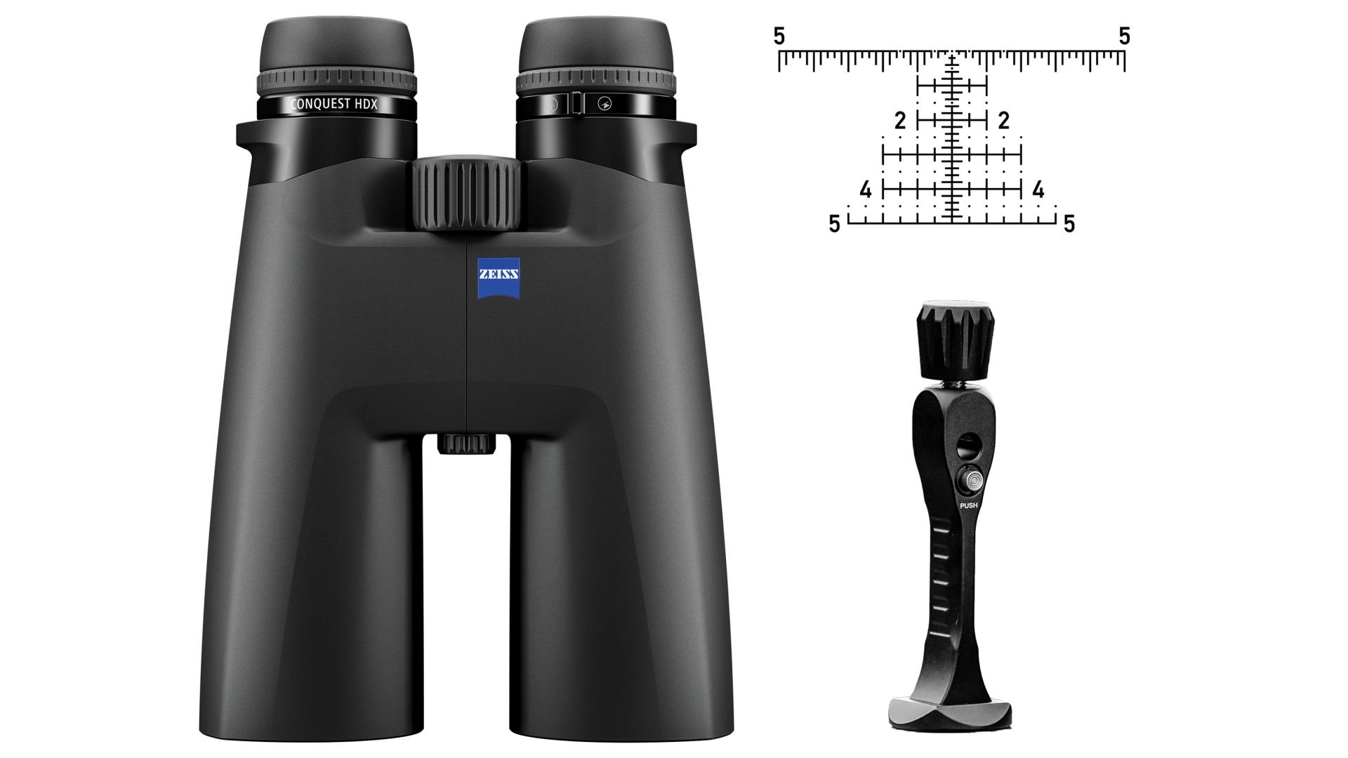 Black ZEISS binoculars with diopter adjustment, a precision tool, and a measurement reticle diagram displayed against a white background.