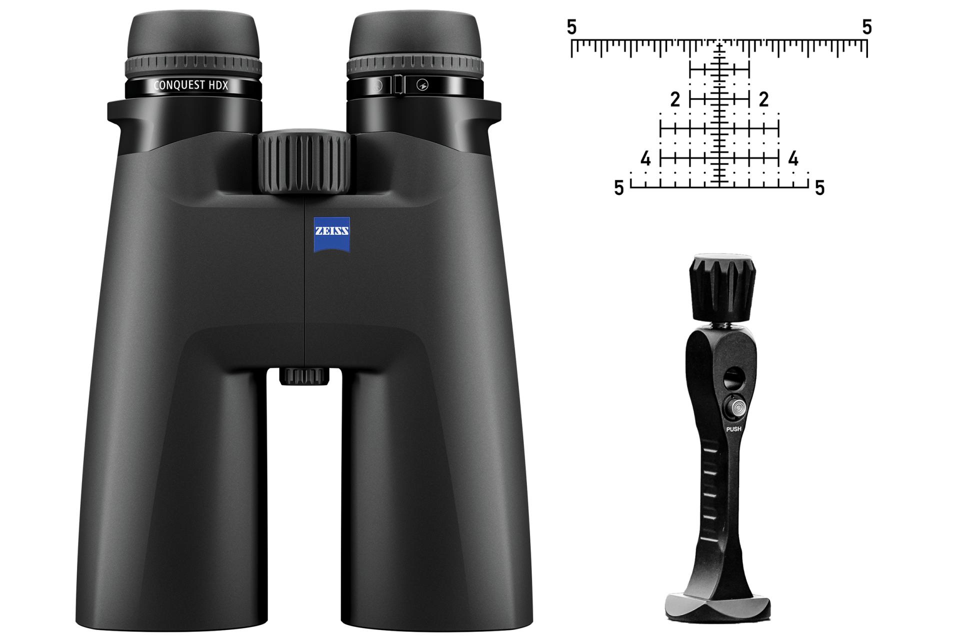 Black ZEISS binoculars with diopter adjustment, a precision tool, and a measurement reticle diagram displayed against a white background.
