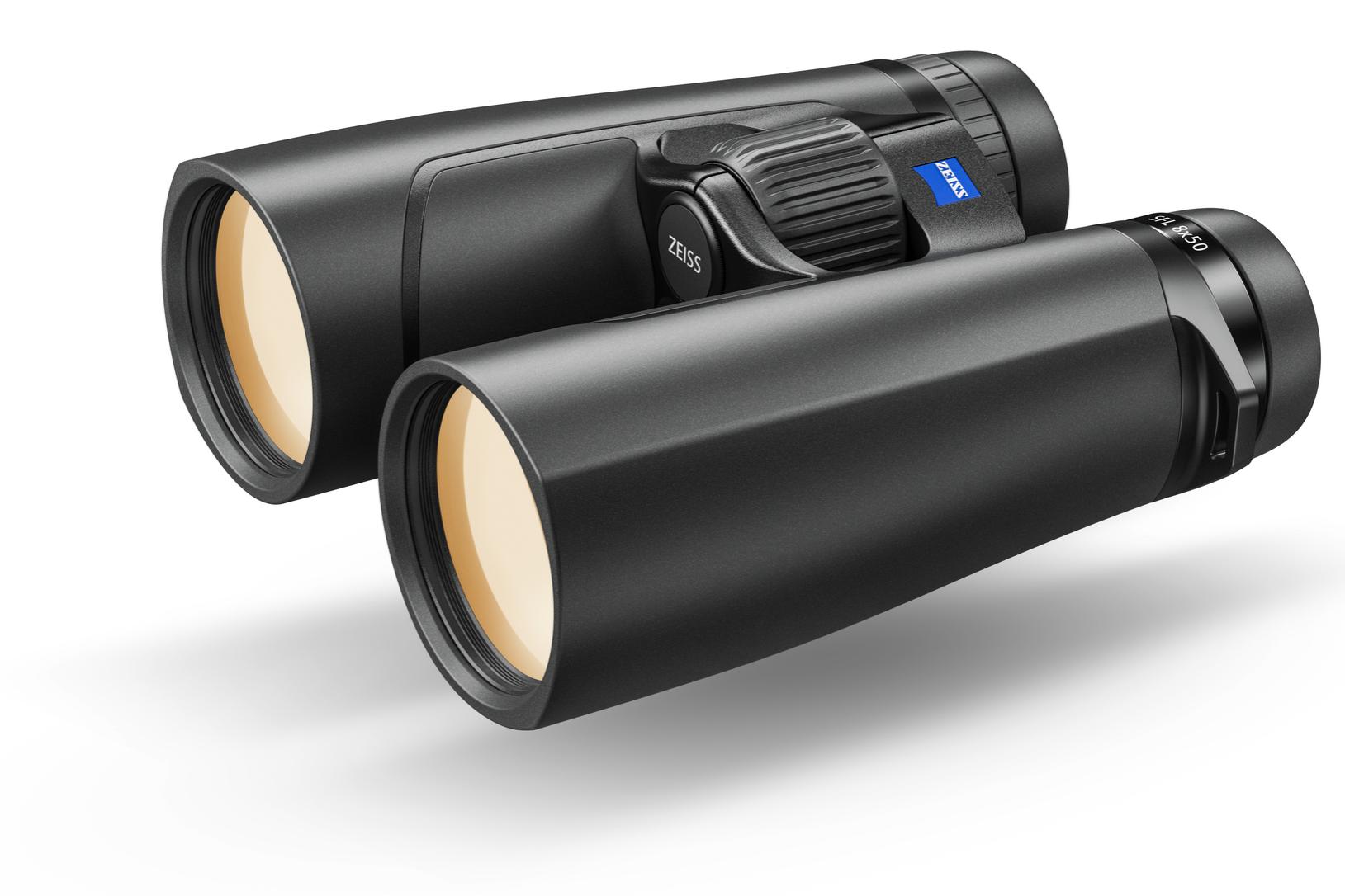 Black ZEISS binoculars with a sleek, modern design and amber-tinted objective lenses displayed on a white background.