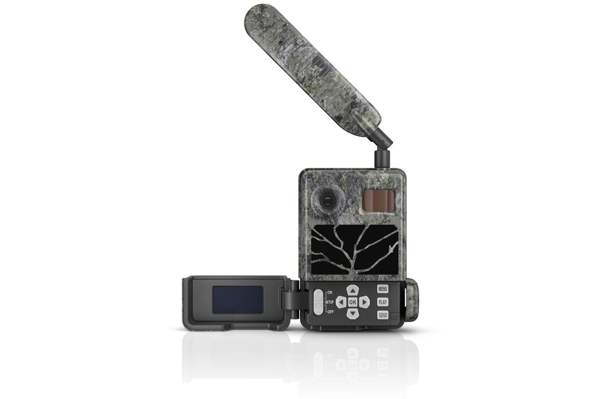 Camouflaged ZEISS trail camera with an extended antenna, front-facing lens, infrared sensor, and open LCD screen displaying control buttons.