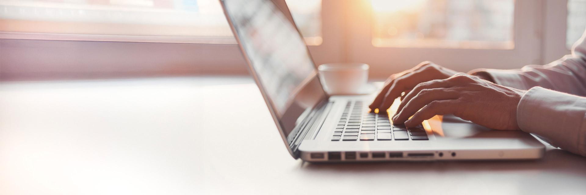 Person typing on a laptop at a desk with sunlight streaming through a window in the background.