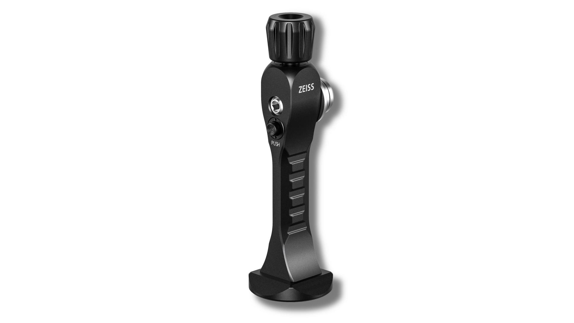 Sleek black ZEISS tripod device with a curved design mounted on a cylindrical base.