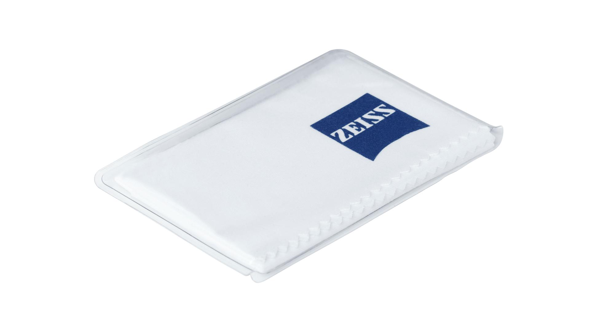 White microfiber cleaning cloth in a transparent plastic pouch featuring the ZEISS logo on a blue label.