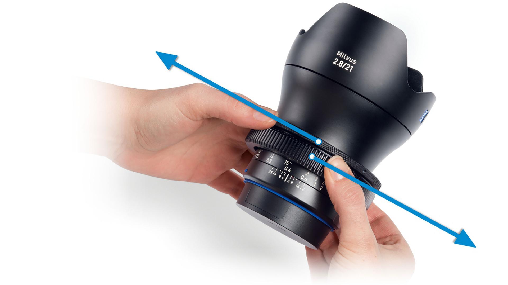 Hands holding and adjusting a ZEISS Milvus 2.8/21 camera lens with directional arrows indicating rotation.