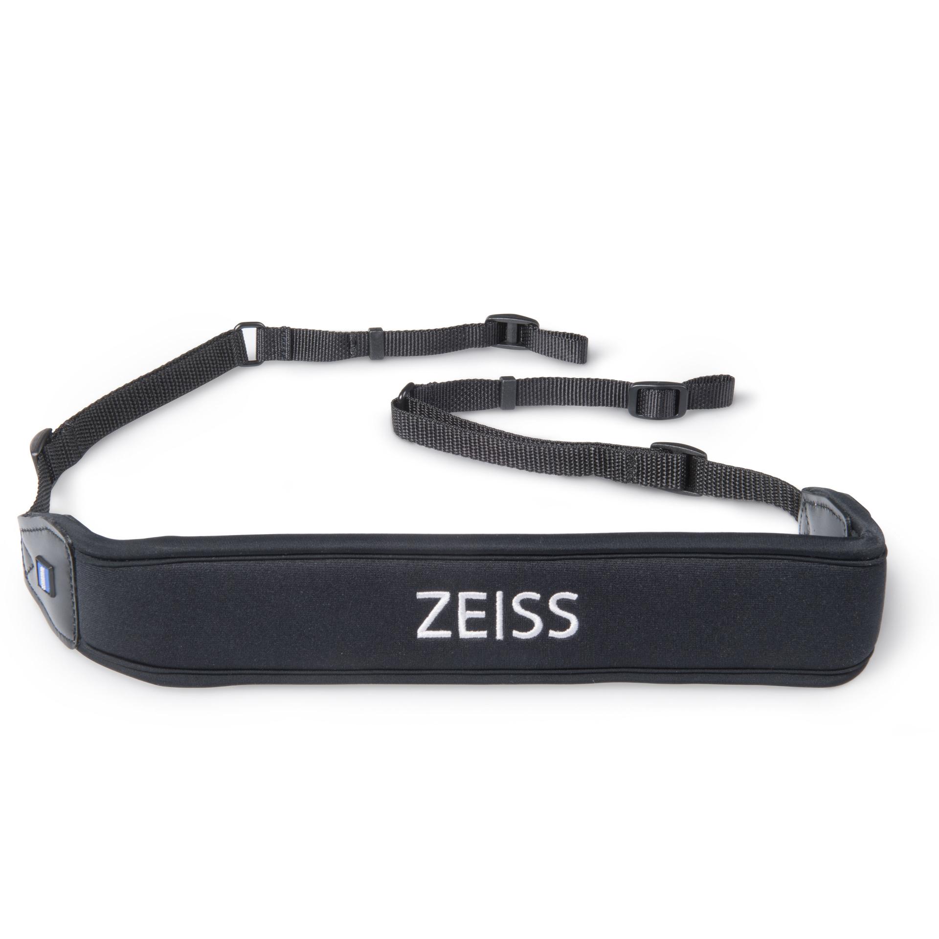 Black padded camera strap with adjustable nylon straps and the ZEISS logo embroidered in white on the front.