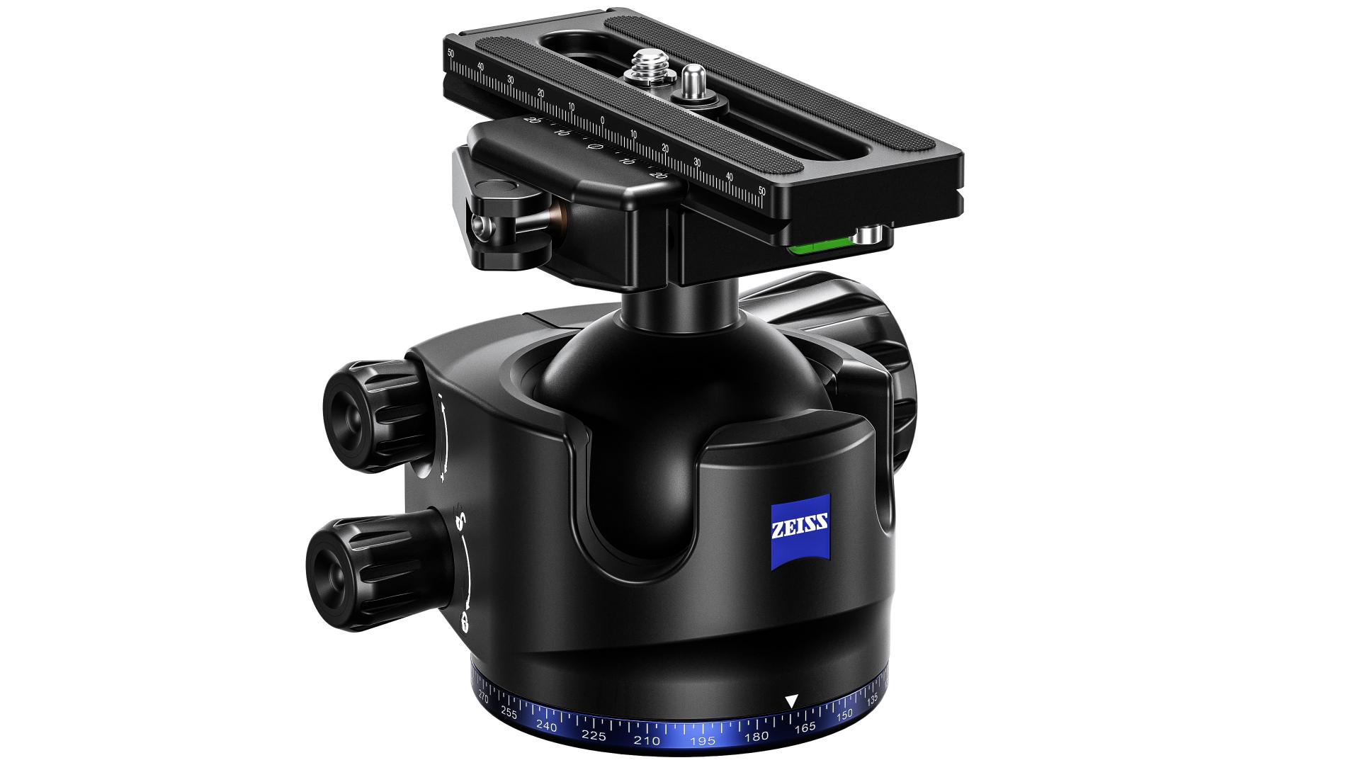 Black ZEISS tripod ball head with adjustment knobs, mounting plate, and leveling indicators.