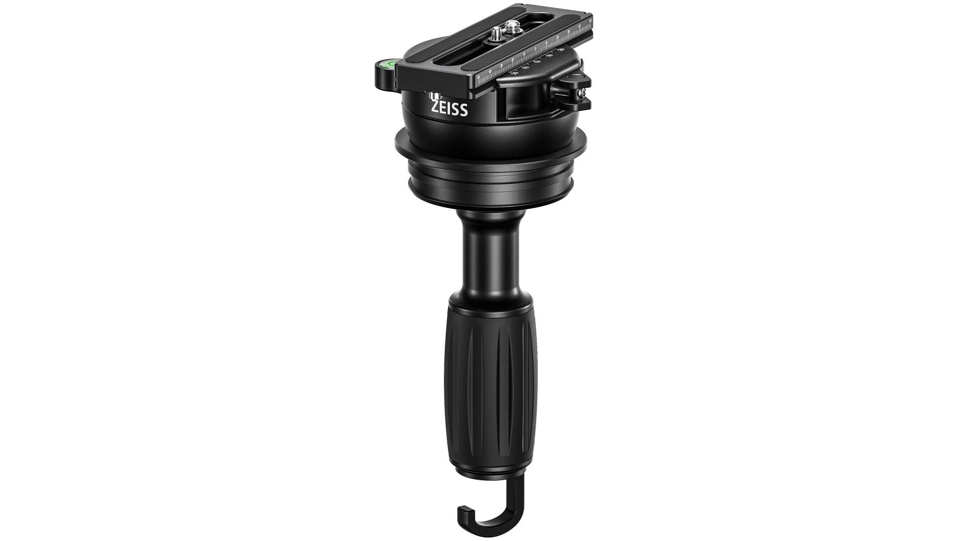 Black ZEISS tripod head with a built-in handle grip and quick-release plate attachment.