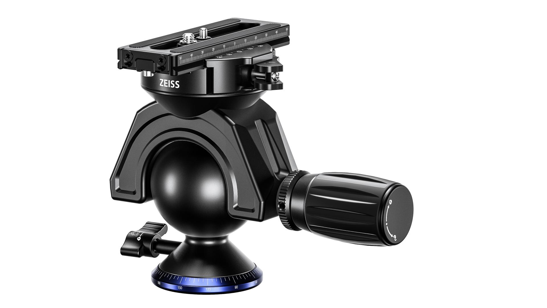 Black ZEISS tripod head with a precision ball joint, pan handle, and quick-release mounting plate.