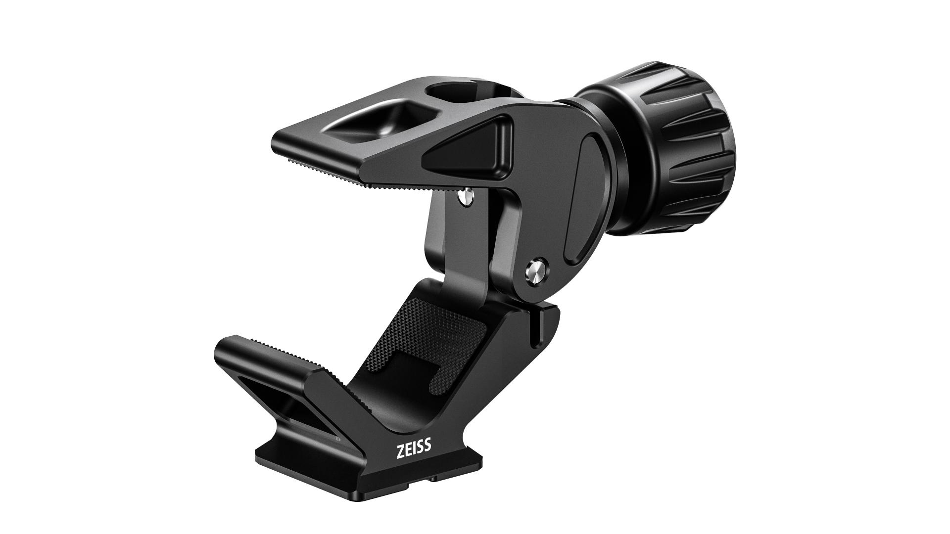 Black ZEISS mounting clamp with adjustable knob and serrated gripping jaws, designed for secure attachment.