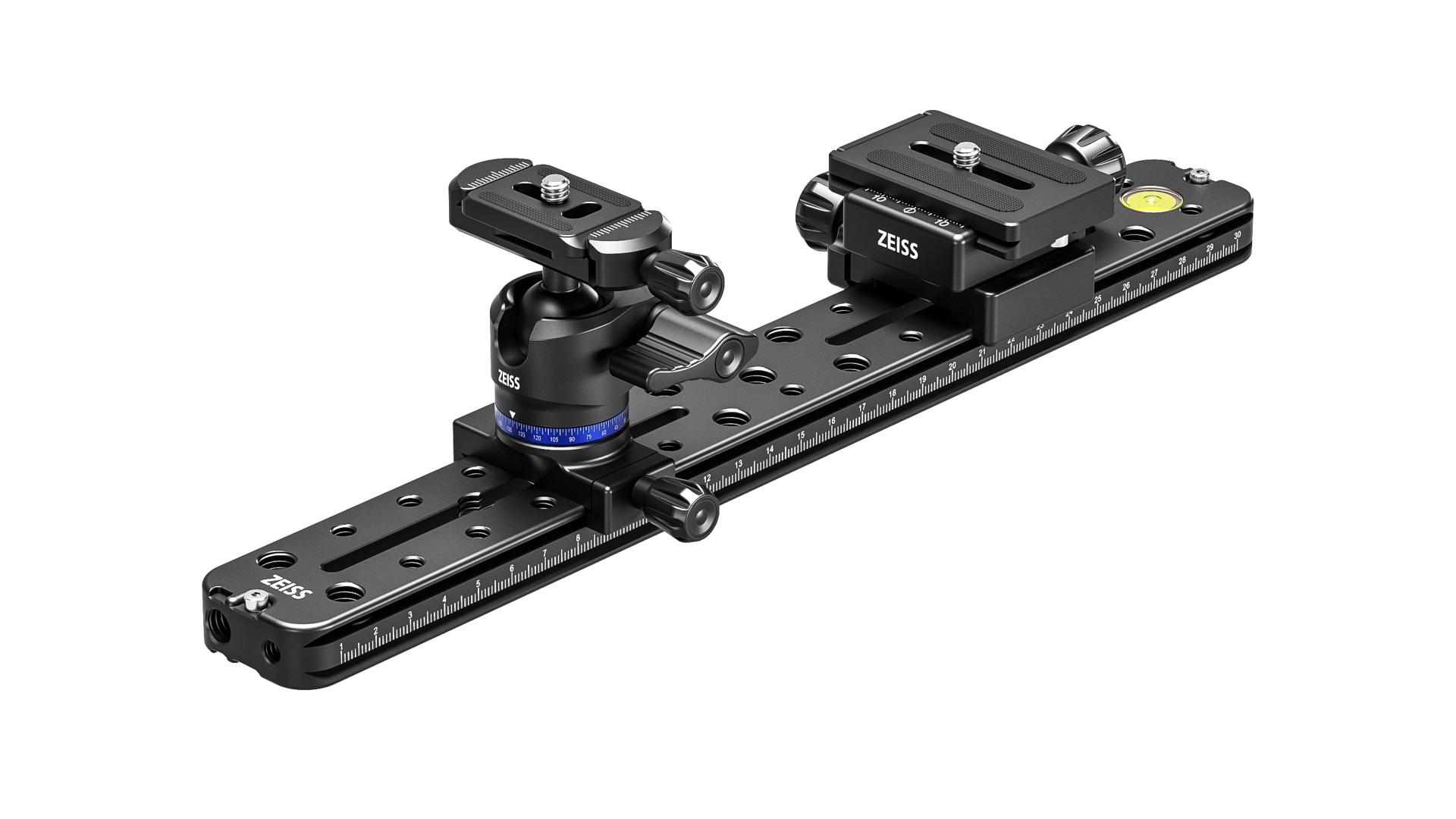 Precision camera mounting rail system with integrated spirit level and adjustable components, featuring the ZEISS logo.
