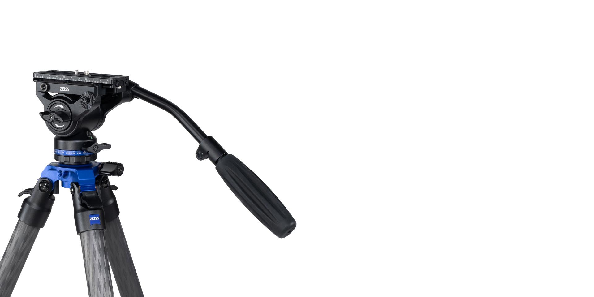 Professional tripod with a fluid video head and ZEISS branding on a white background.