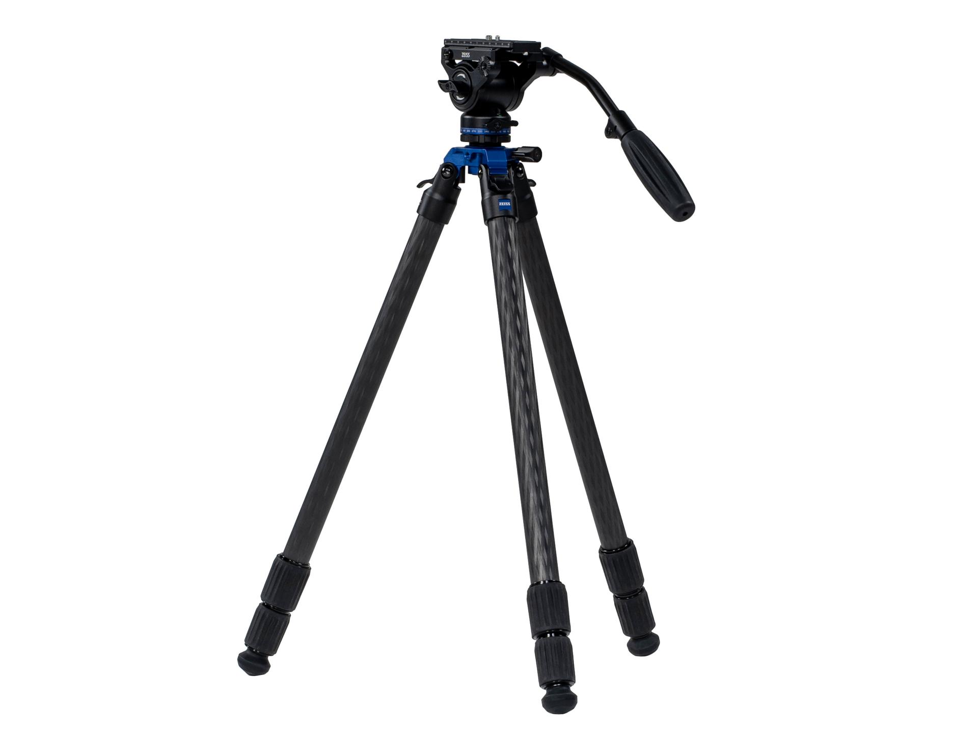 Carbon fiber tripod with adjustable legs and a fluid pan head, designed for professional camera support, shown on a white background.