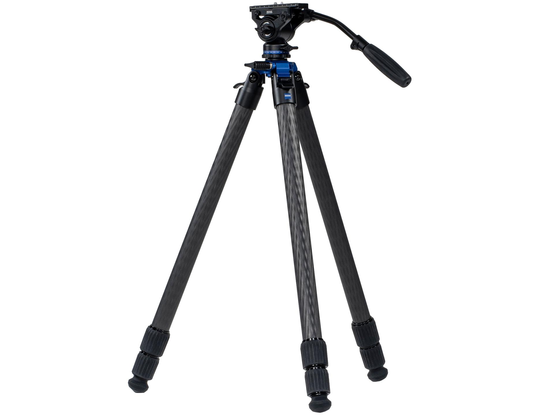 Carbon fiber tripod with adjustable legs and a fluid pan head, designed for ZEISS optical equipment.