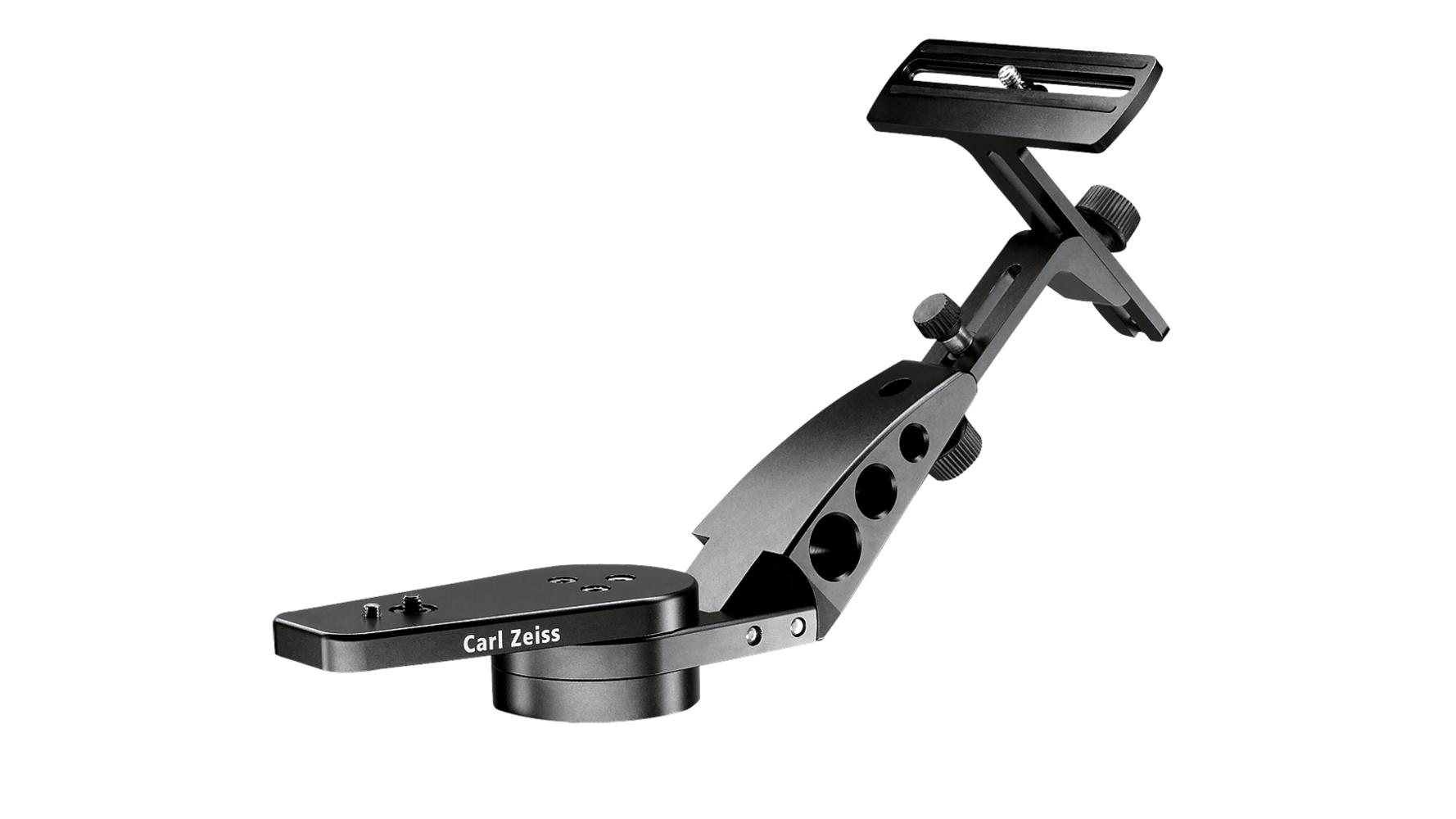 Black ZEISS adjustable mounting bracket with multiple joints and screw fittings, designed for precision alignment and support.