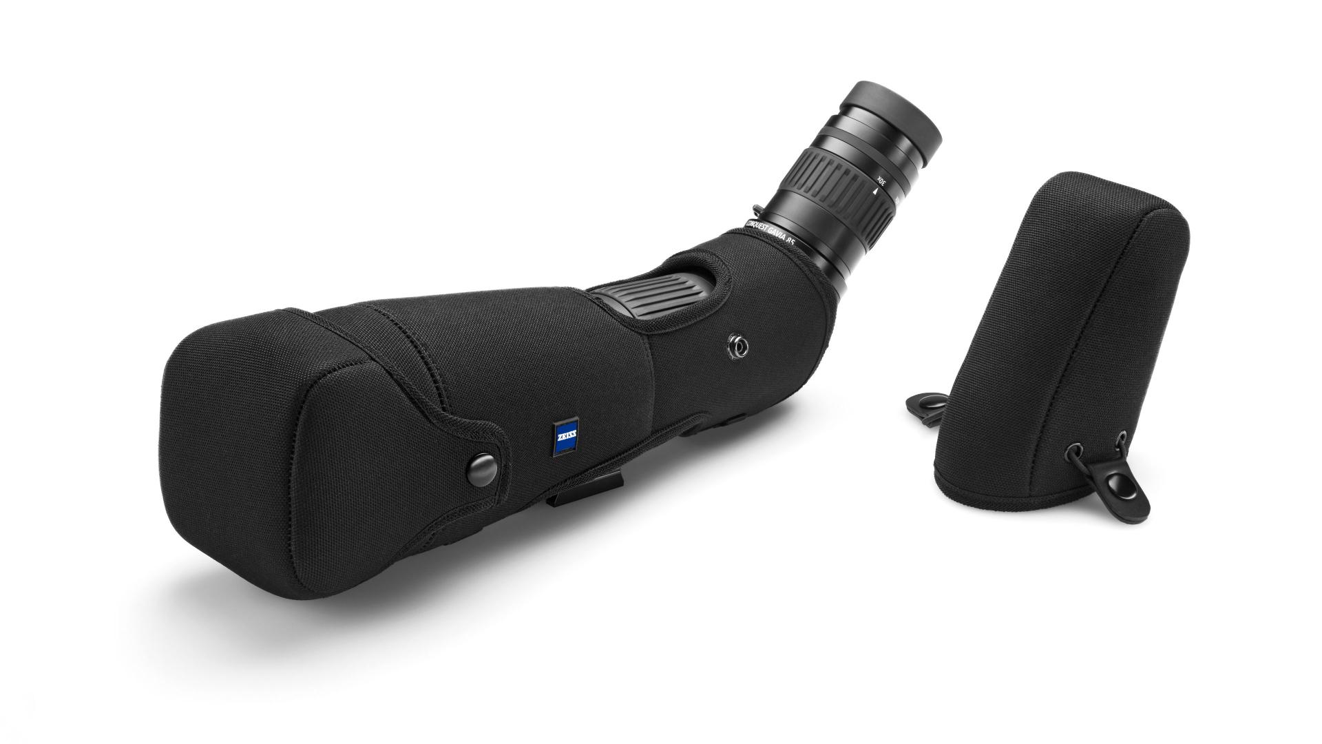 Black protective covers on a ZEISS spotting scope and its eyepiece, displayed on a white background.