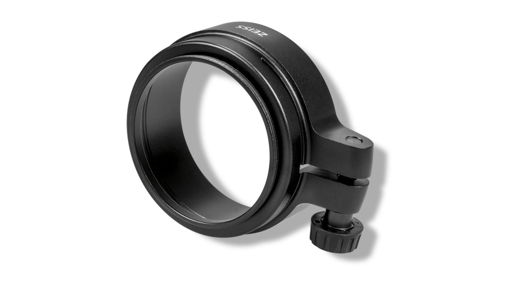 Black ZEISS lens support ring with adjustable tightening knob displayed against a white background.
