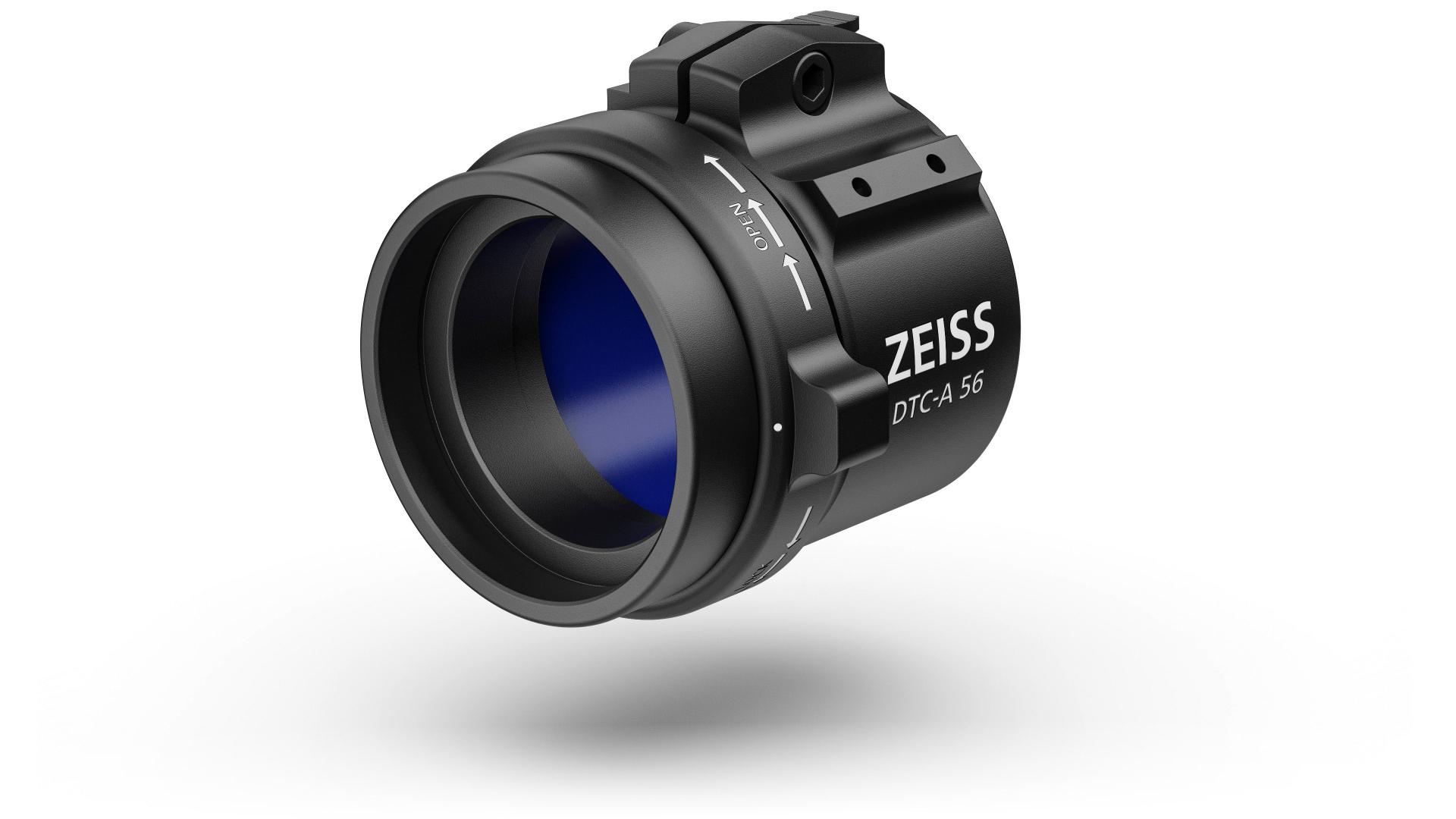Black ZEISS DTC 4/56 thermal imaging clip-on device with blue-tinted lens, shown at an angle on a white background.