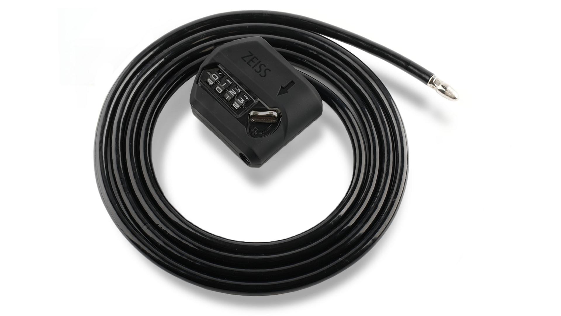 Coiled black combination cable lock with ZEISS branding and a metal connector tip.