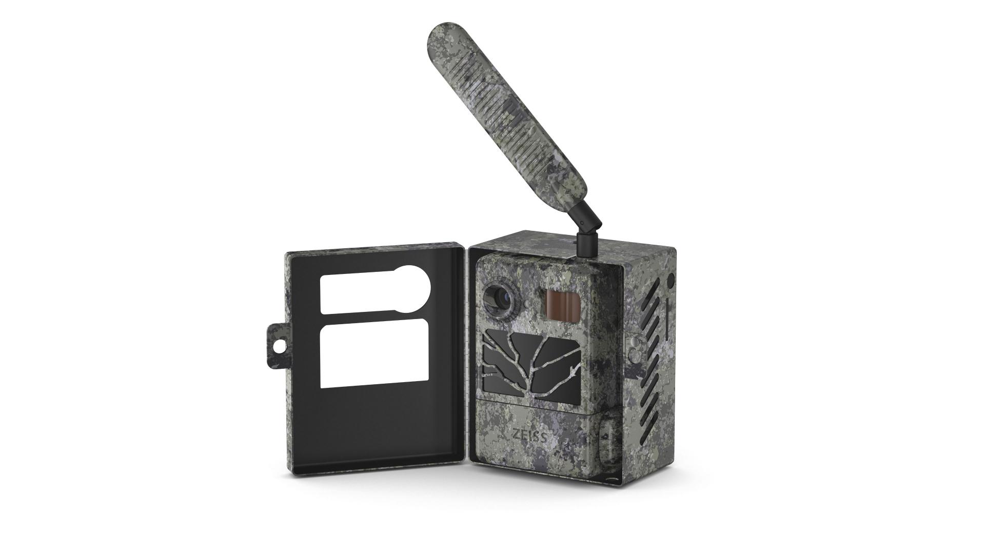 Camouflage-patterned ZEISS trail camera with an open front cover and extended antenna.