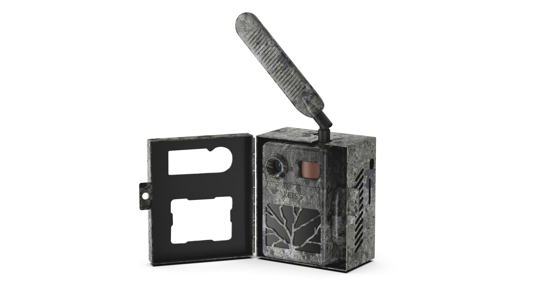 Camouflaged ZEISS trail camera with an open front cover and extended antenna.