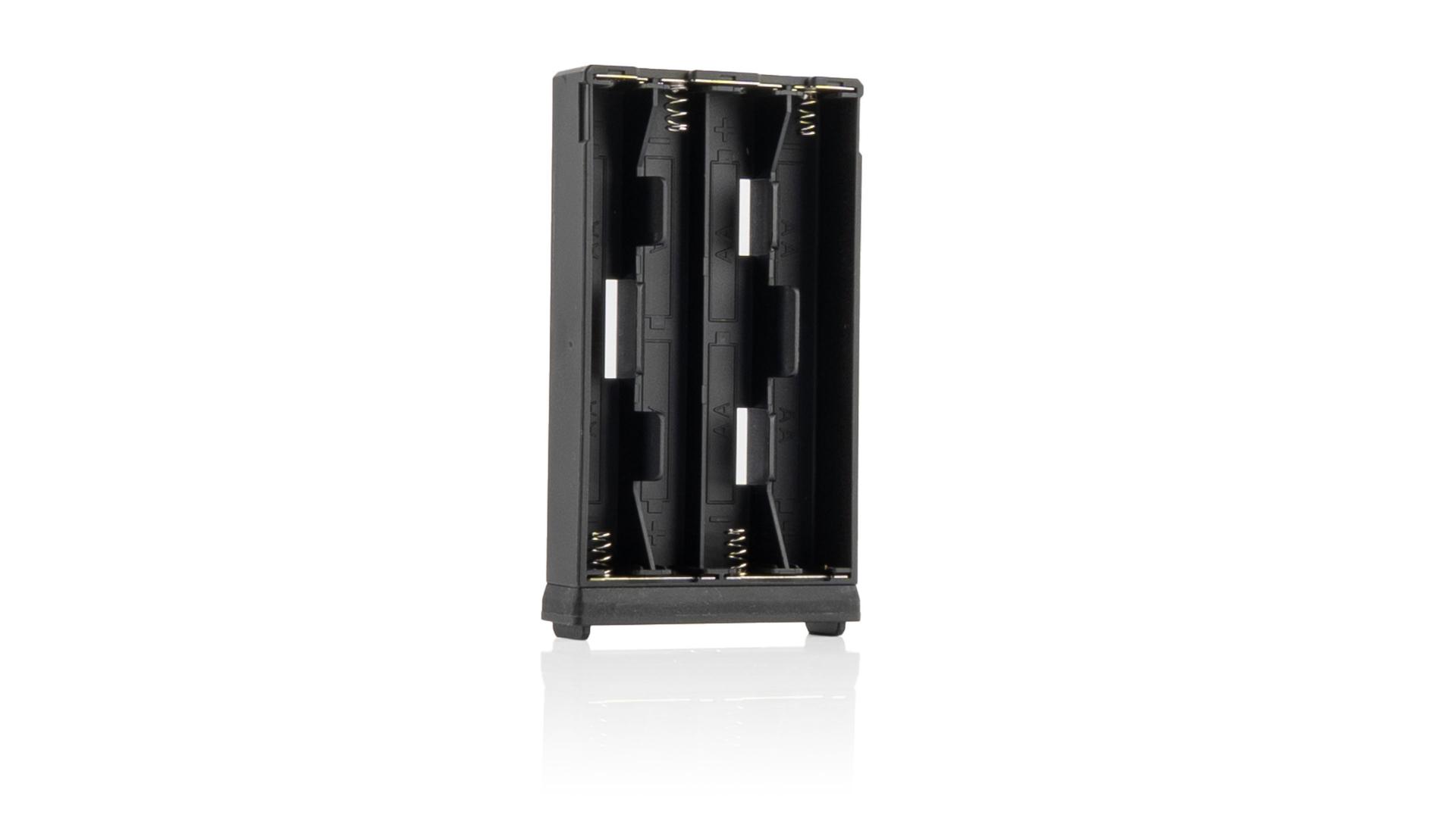 Black ZEISS battery holder designed to accommodate four AA batteries, shown upright on a white background.