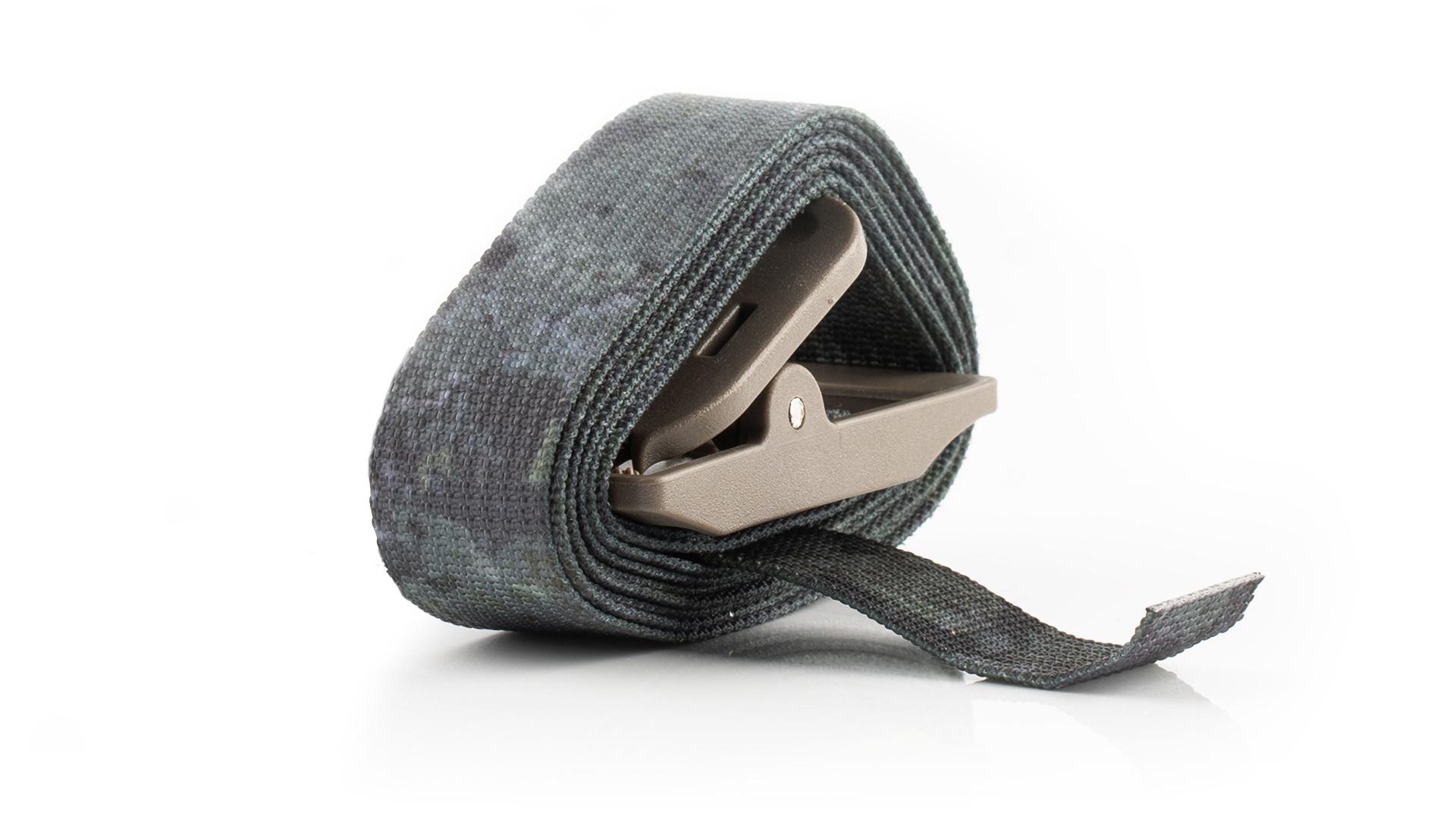 Rolled-up gray strap with a metal cam buckle against a white background.