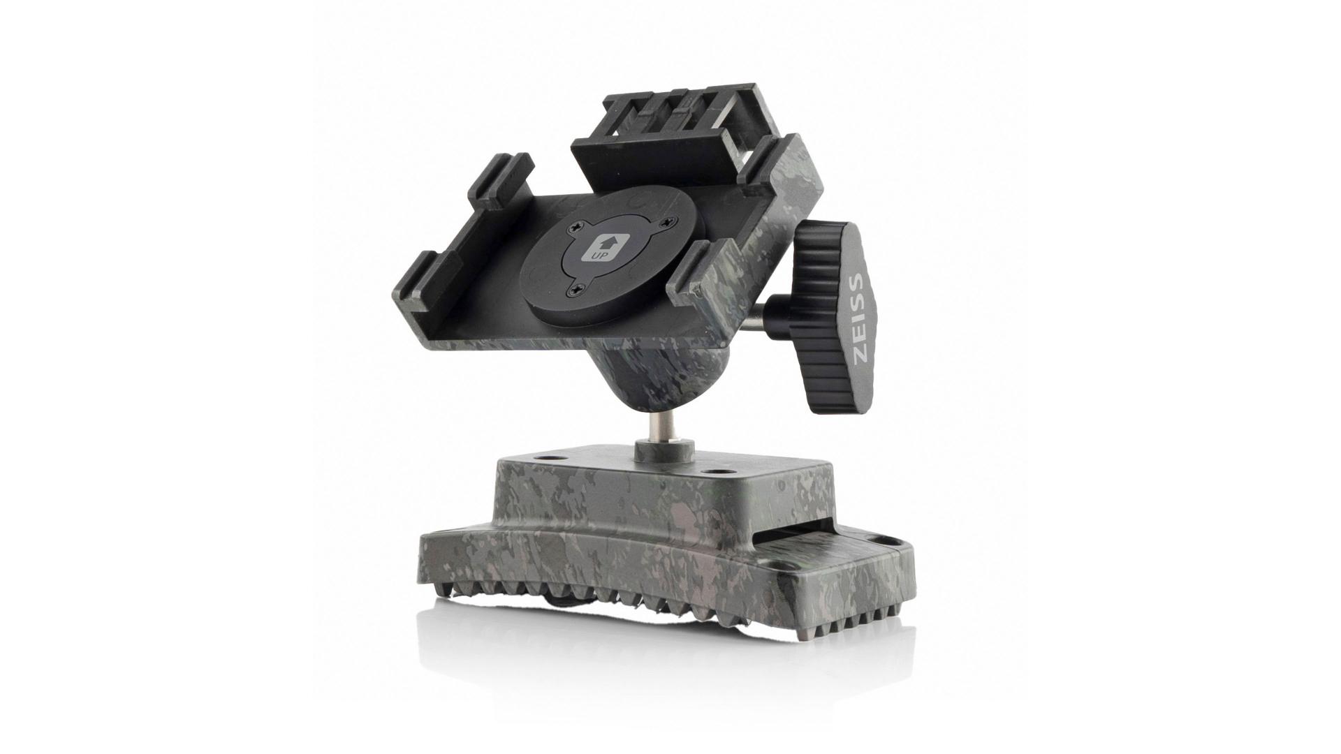 Adjustable ZEISS trail camera holder in a rugged, camouflaged finish with a rotatable mount and clamping mechanism.