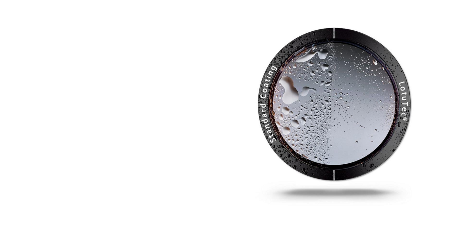A circular lens is shown split in half, comparing ZEISS LotuTec® coating on the right—repelling water and appearing clear—to a standard coating on the left, which is covered in water droplets.