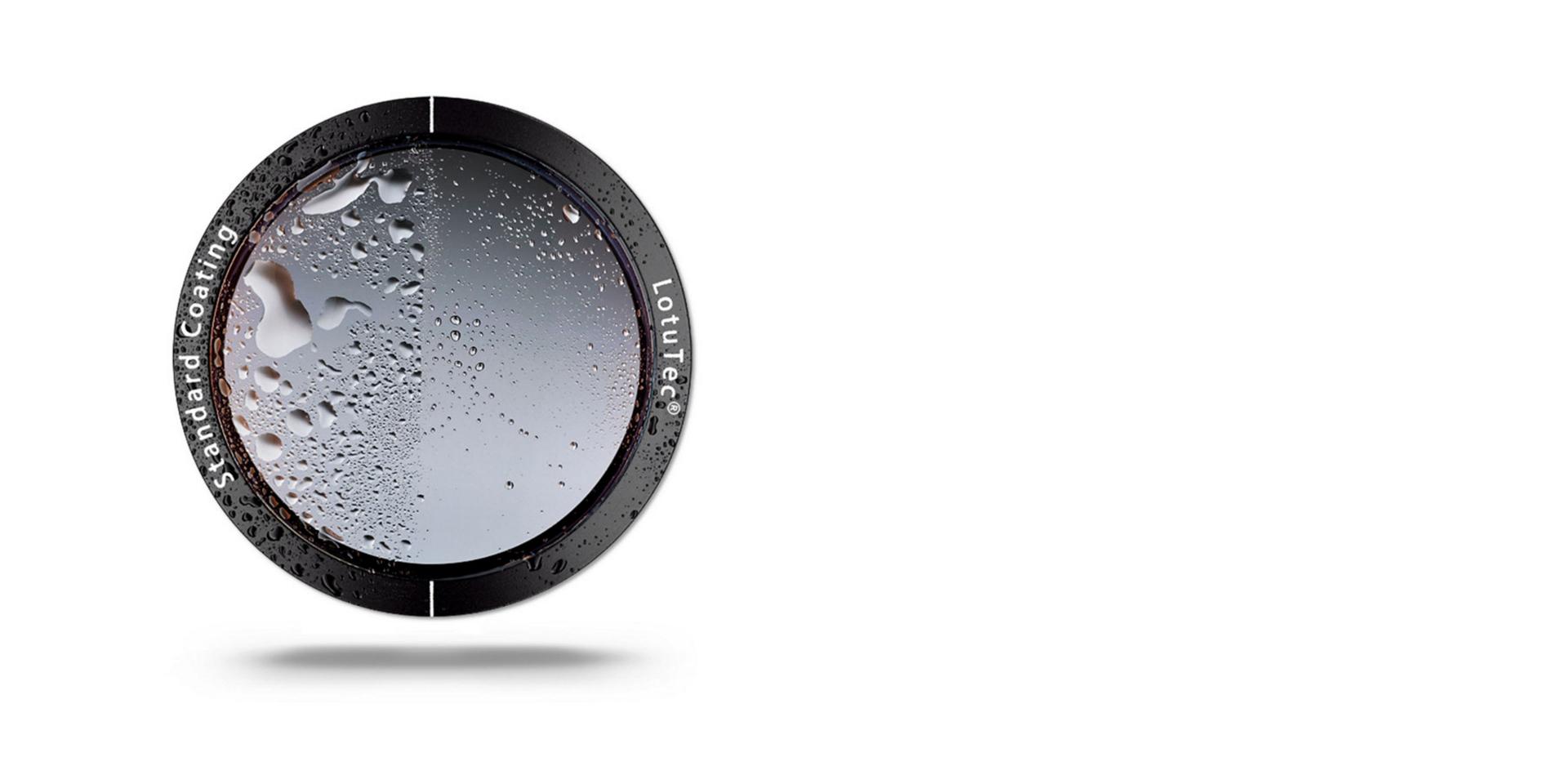 A circular lens is shown split in half, comparing ZEISS LotuTec® coating on the right—repelling water and appearing clear—to a standard coating on the left, which is covered in water droplets.