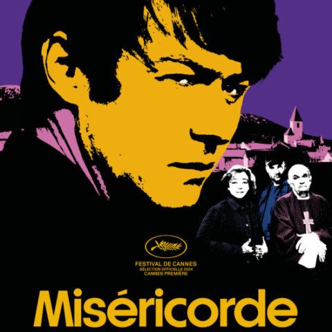 Poster for the film *Miséricorde* featuring a large stylized portrait of a man in yellow and black, with smaller images of other characters and a village scene in the background.