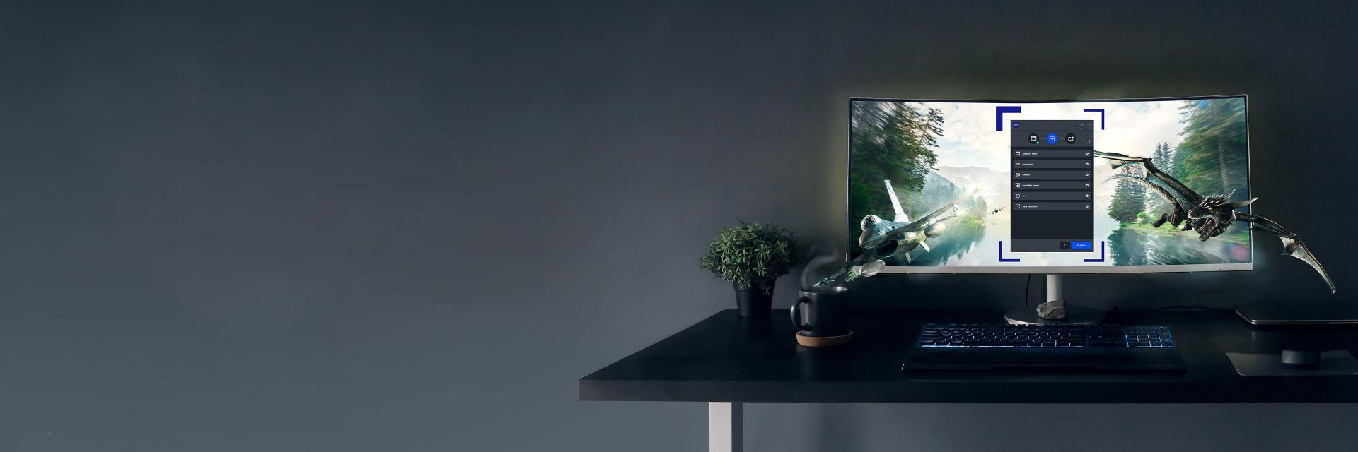 A widescreen monitor on a sleek black desk displays a vibrant action scene with 3D effects and a ZEISS-branded settings interface in the center.