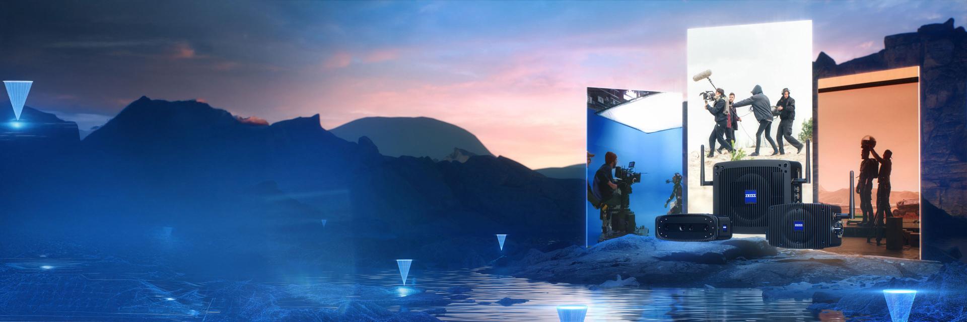 Digital composite image showing a futuristic landscape with glowing blue markers on water and inset scenes of professionals using ZEISS equipment in a high-tech studio environment.
