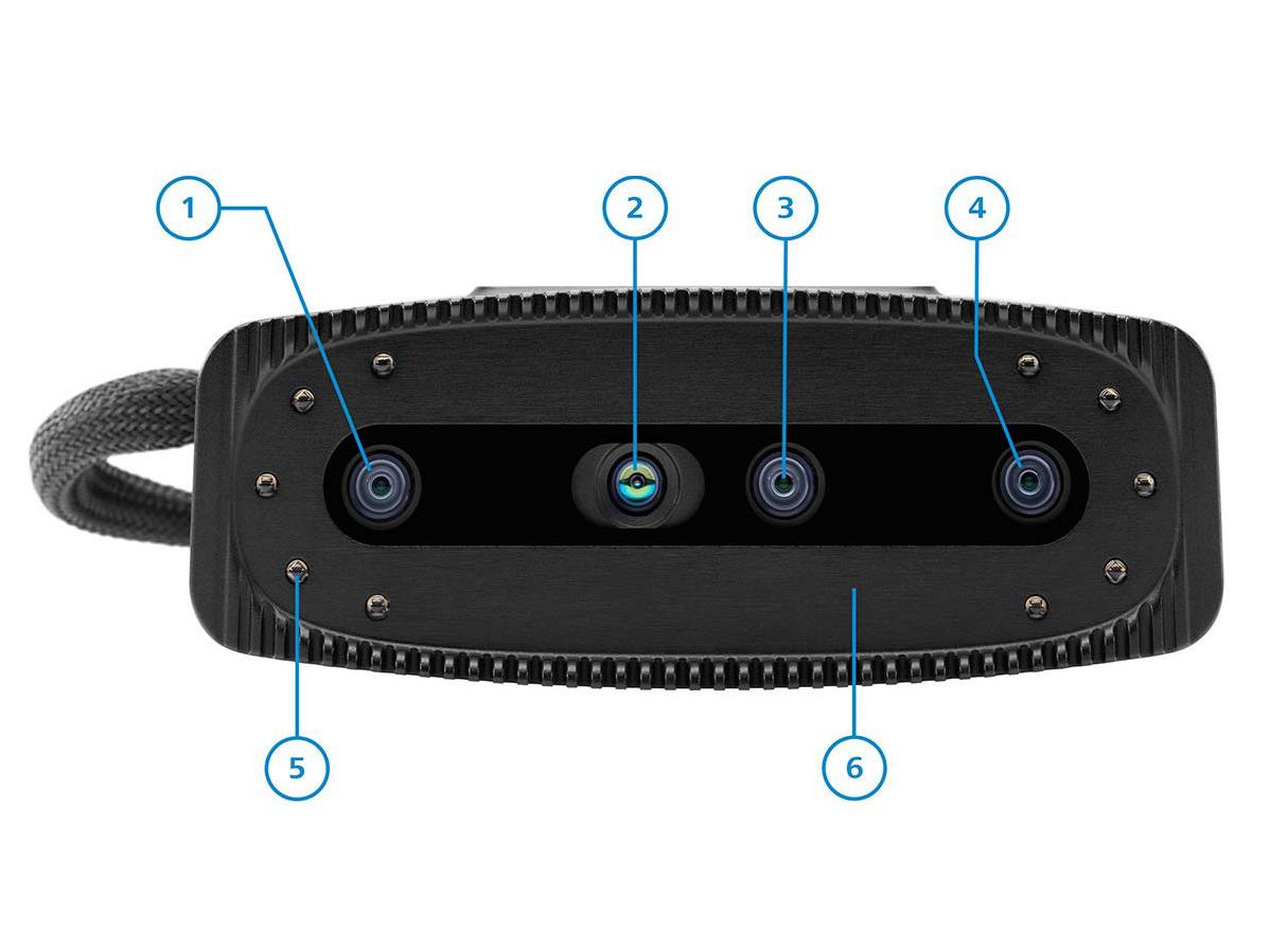 Front view of a ZEISS multi-lens optical device with six labeled components including integrated cameras, sensors, and structural elements.