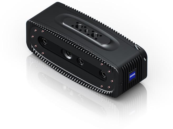 Black ZEISS 3D sensor device with multiple lenses and LED indicators on a white reflective surface.
